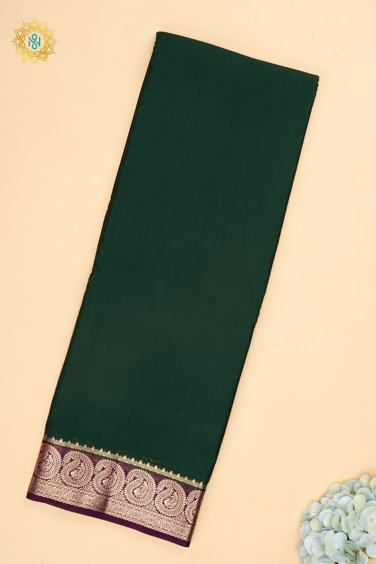Bottle Green With Depp Purple - Semi Mysore Crepe Saree Allover Plain Body With Contrast Mango Zari Border