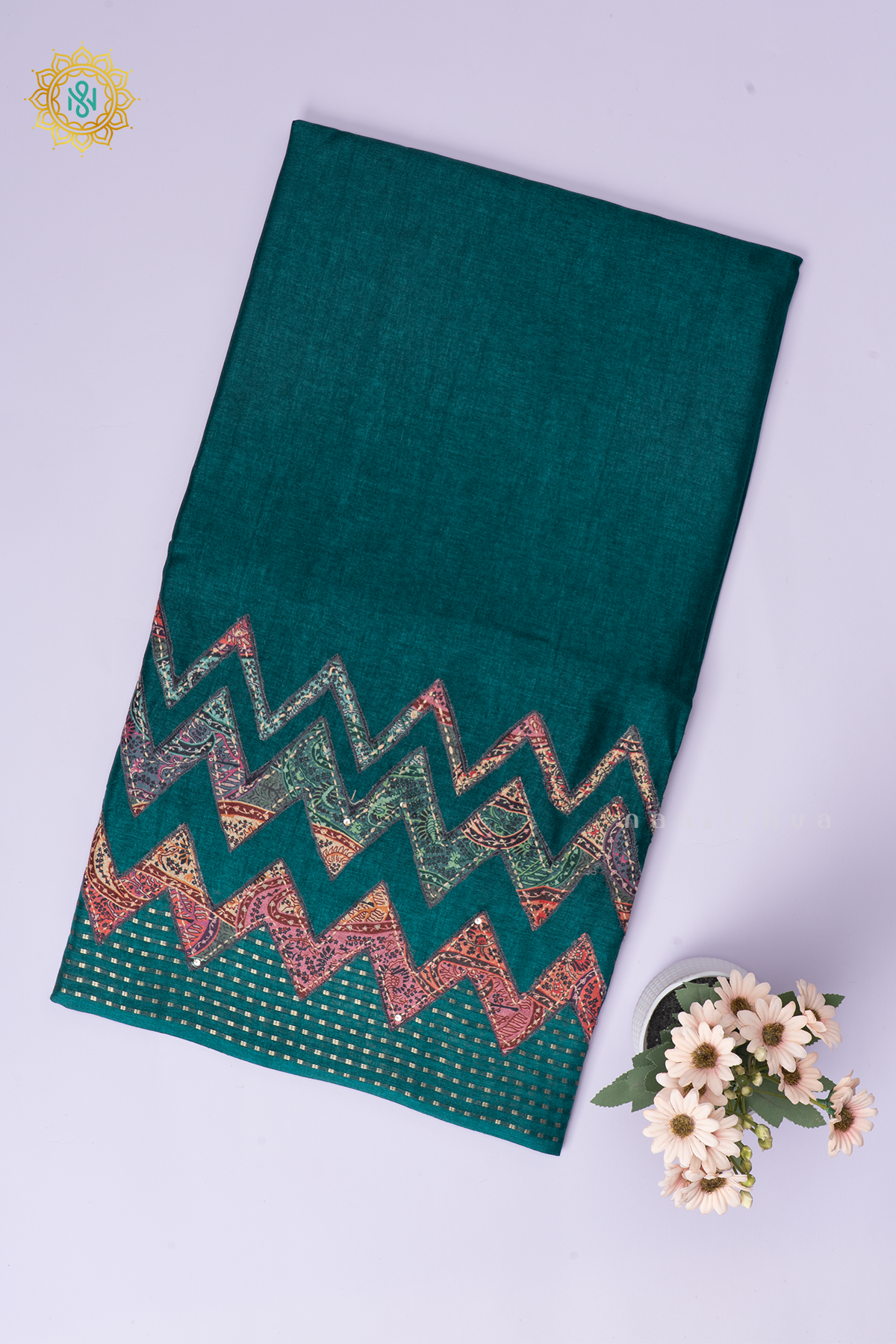 Teal Green Semi Tussar Silk With Applique & Katha Work Saree