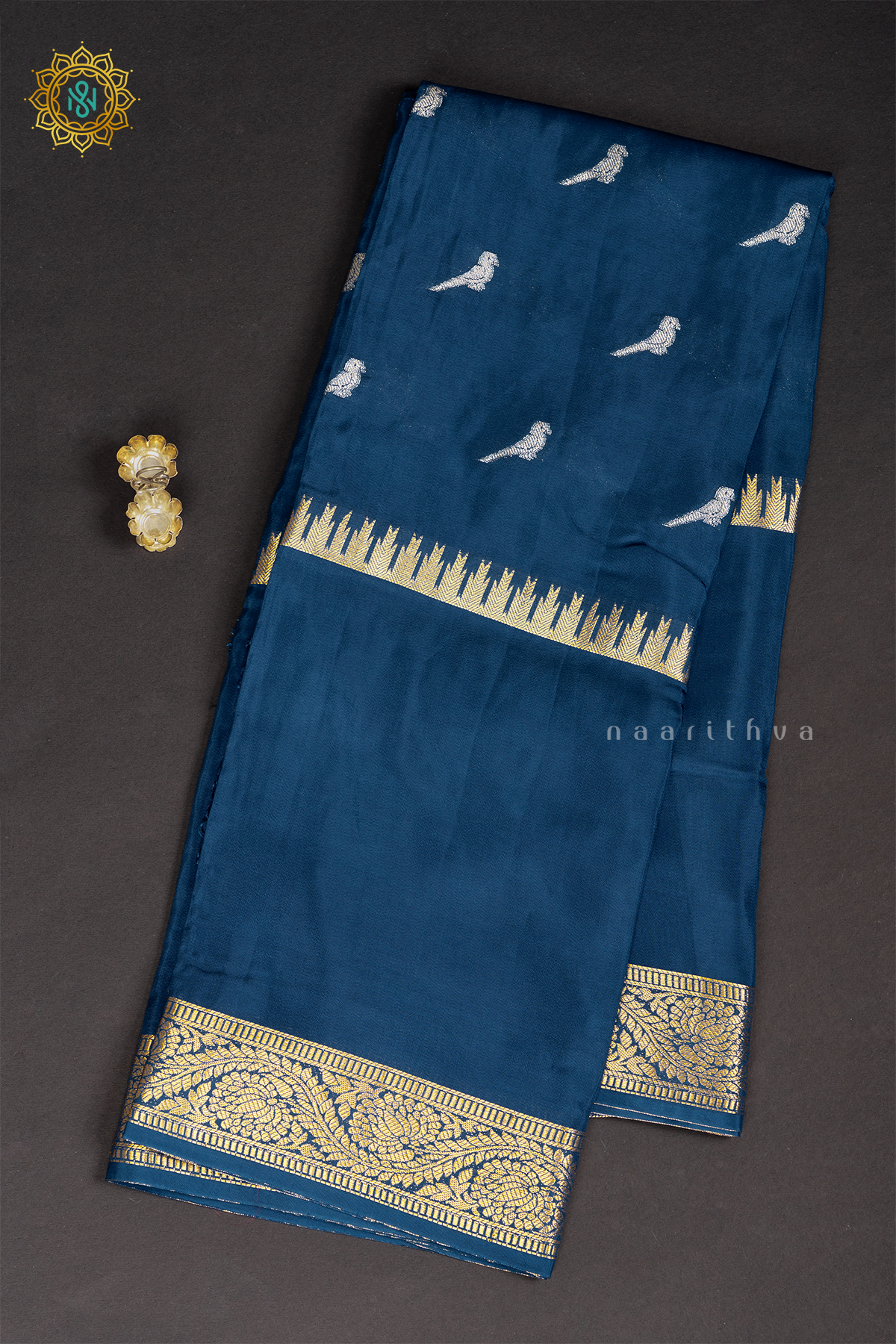 PEACOCK BLUE WITH PINK - SEMI CREPE SILK