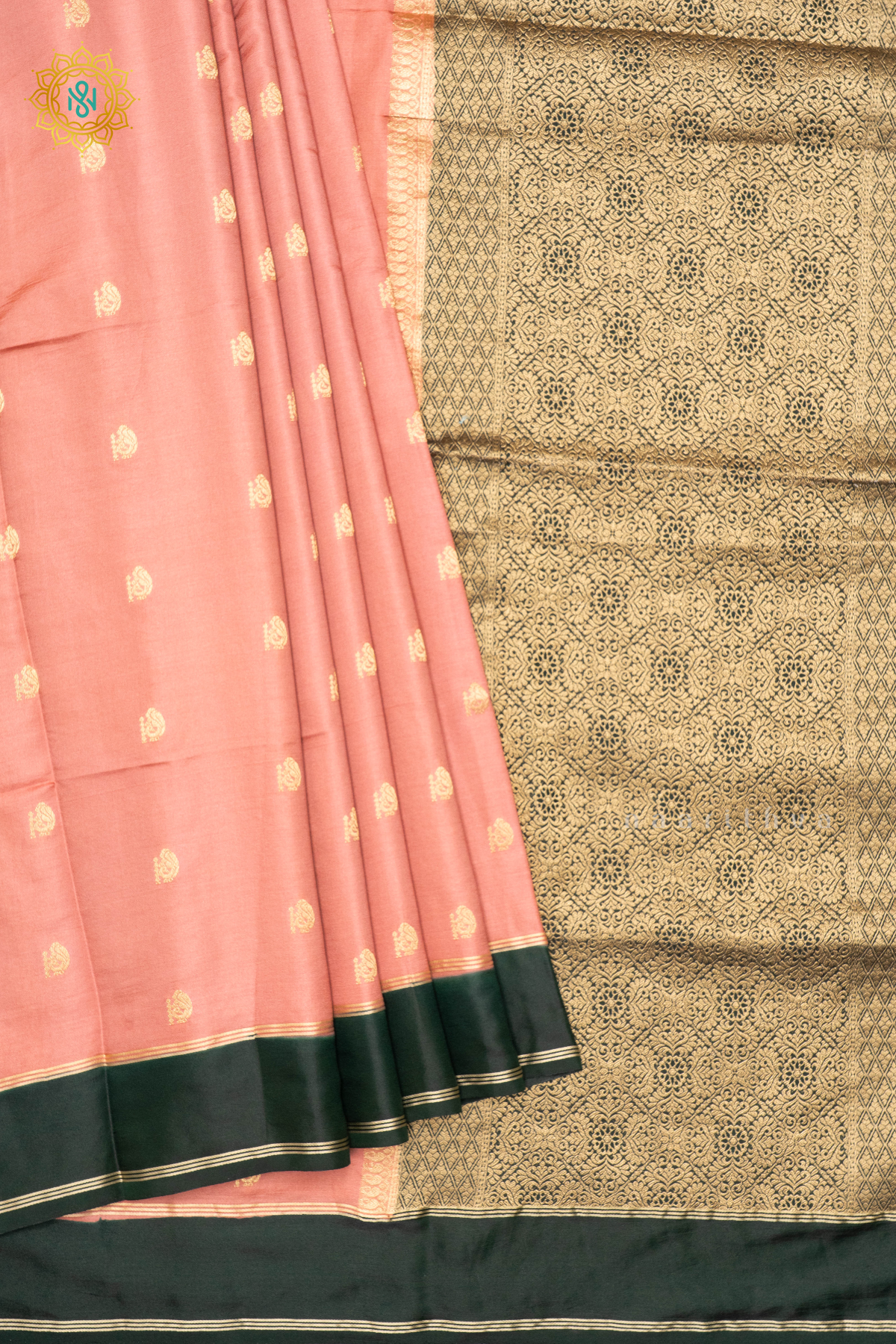 PEACH WITH BOTTLE GREEN - SEMI SILK