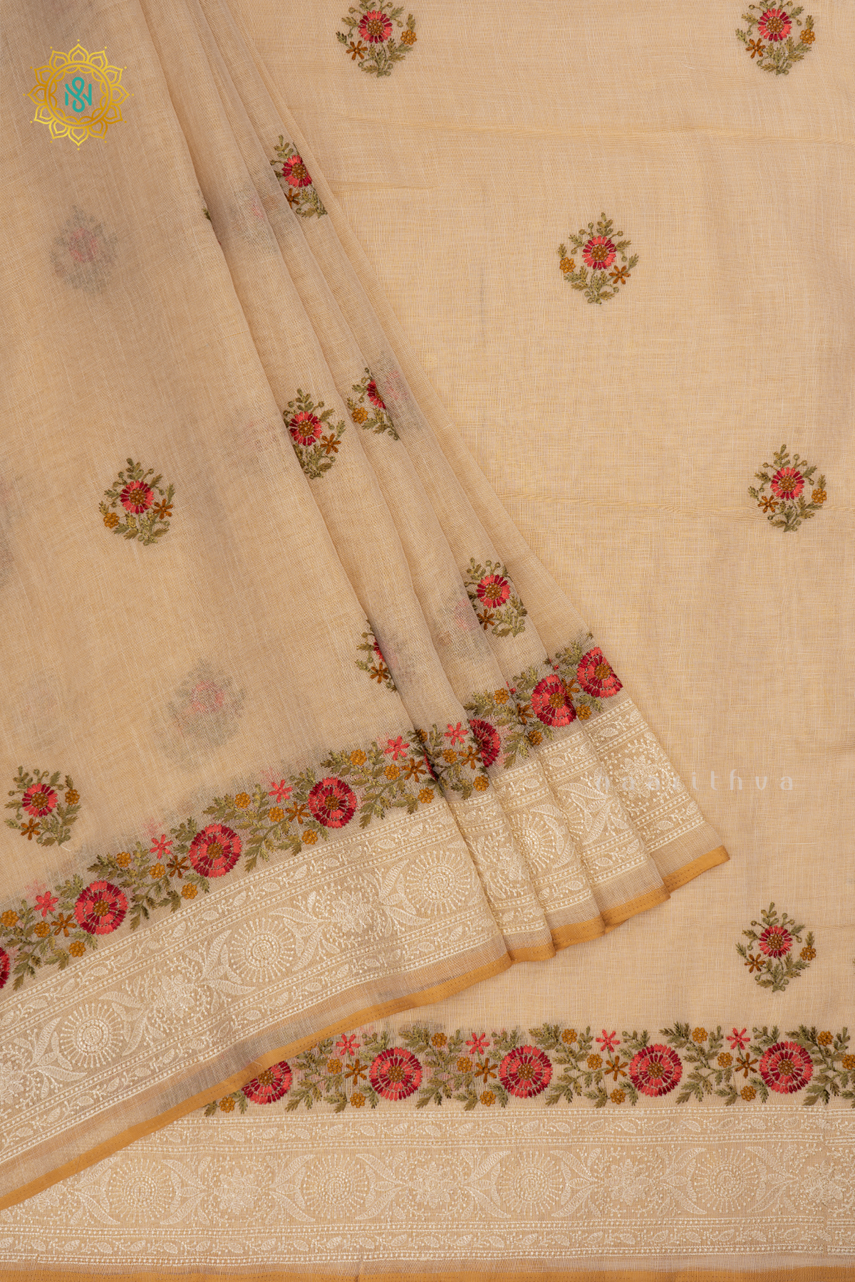 Off white Linen Tissue Saree with All-Over Embroidered Buttas on the Body, Featuring an Embroidery Border and Pallu