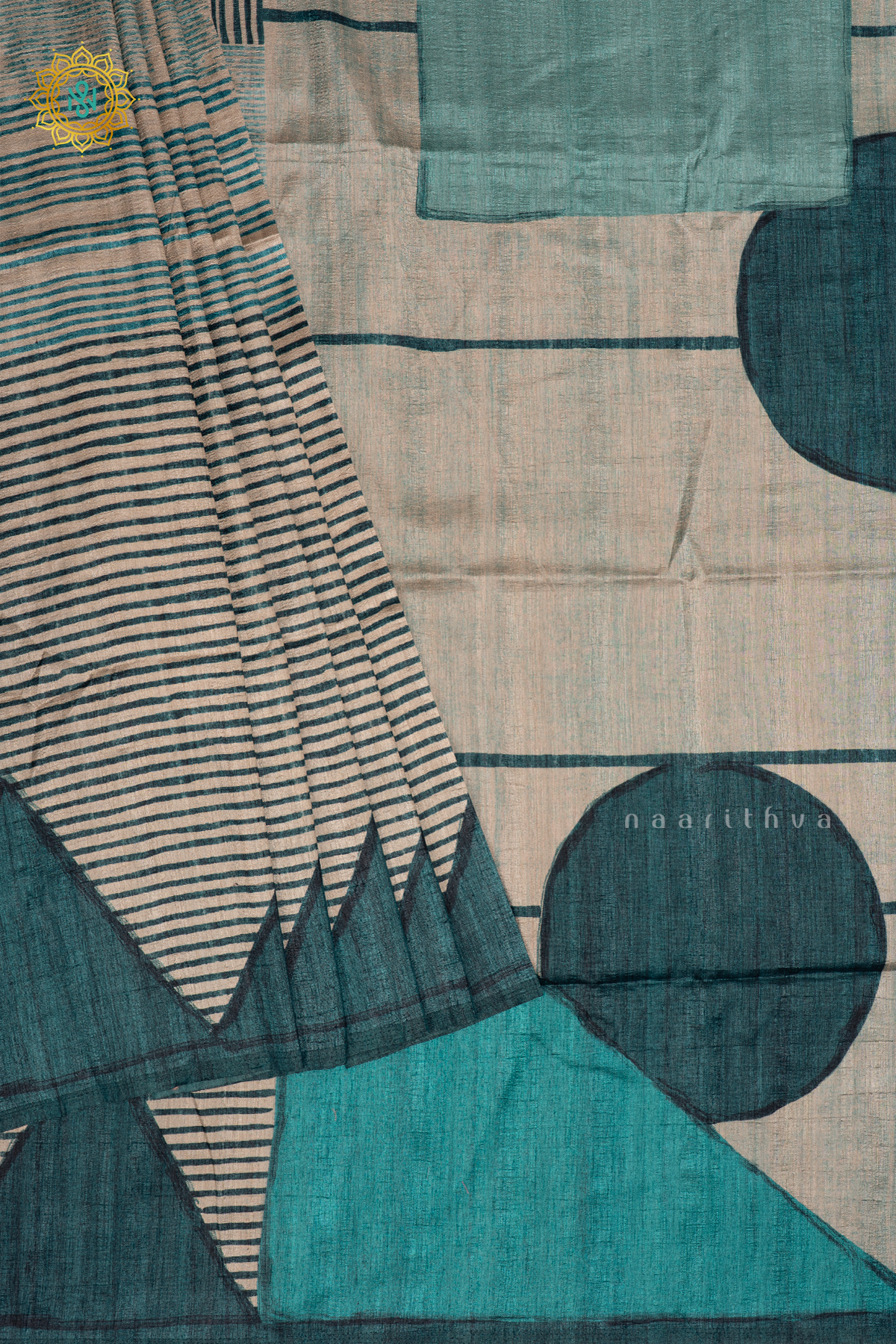 Off White with Blue - Semi Gicha Tussar Silk Saree with Allover Printed Body, Pallu and Blouse