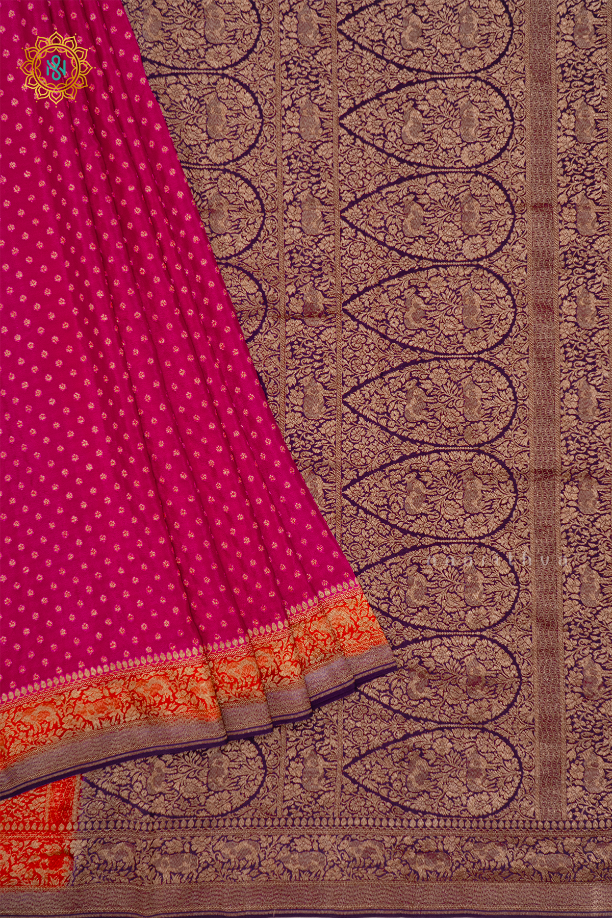 PINK WITH ORANGE & DEEP WINE - PURE BANARASI CREPE SILK
