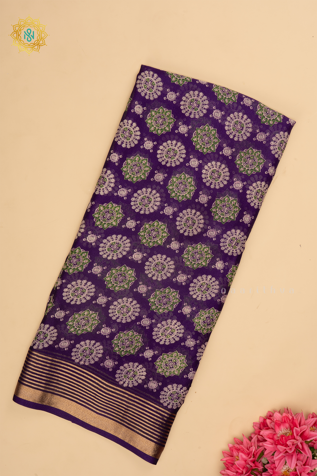 Purple - Semi Georgette Printed Body With Zari Striped Border
