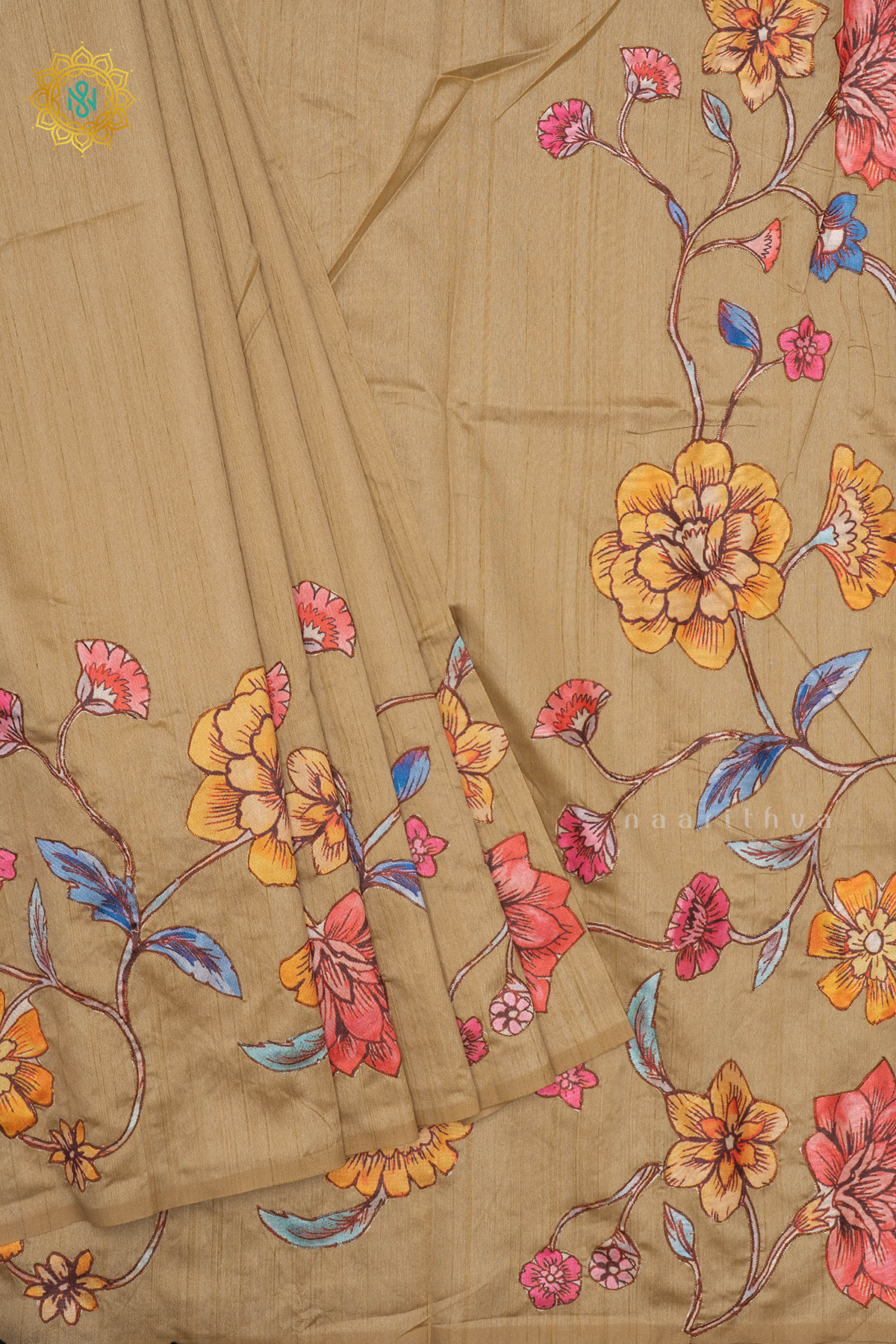 BEIGE WITH OFF WHITE - SEMI TUSSAR WITH APPLIQUE WORK