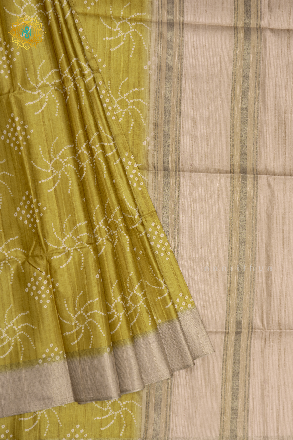OLIVE GREEN WITH BEIGE - SSEMI TUSSAR SILK