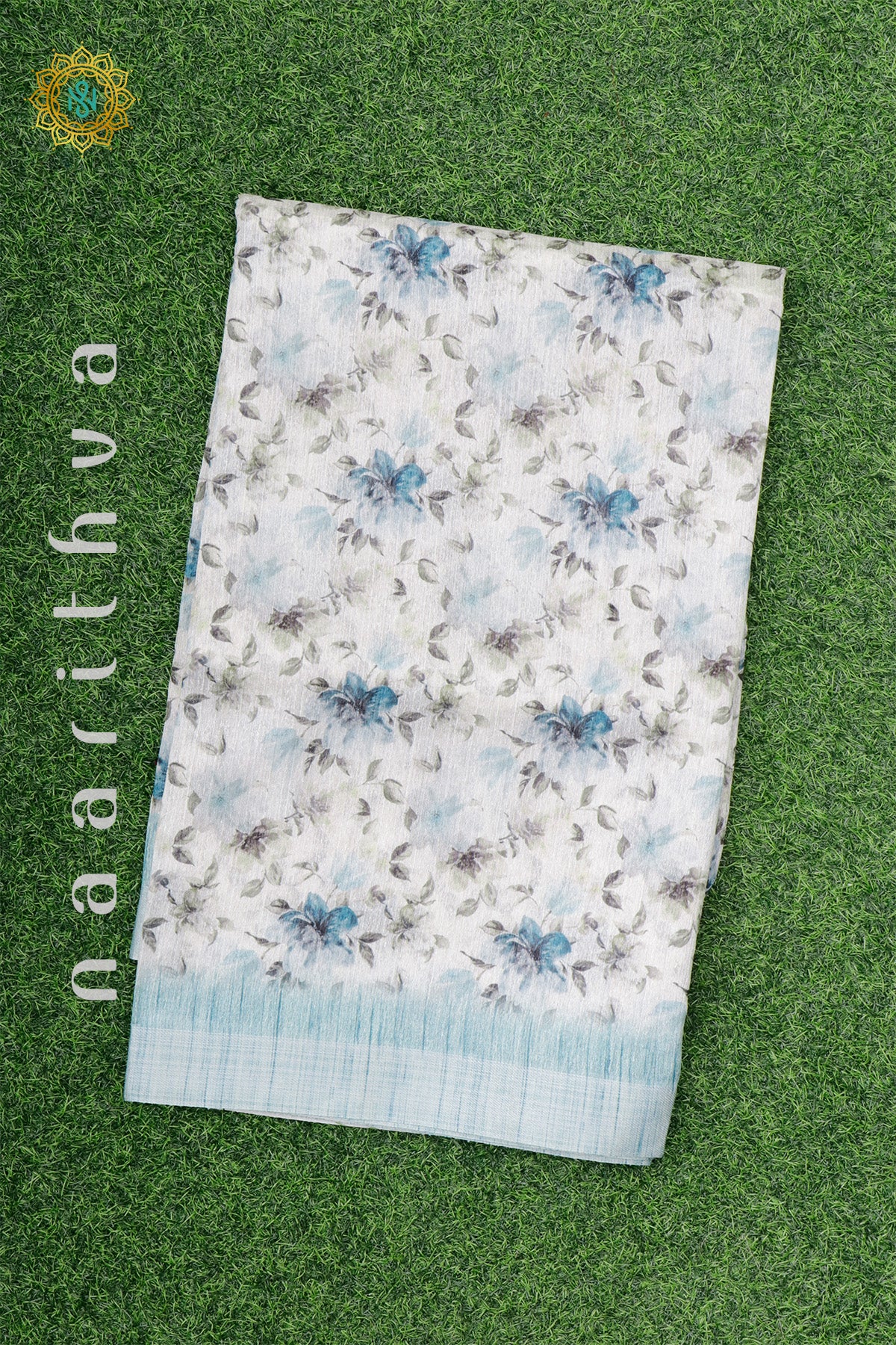 WHITE WITH AQUA BLUE - JUTE COTTON