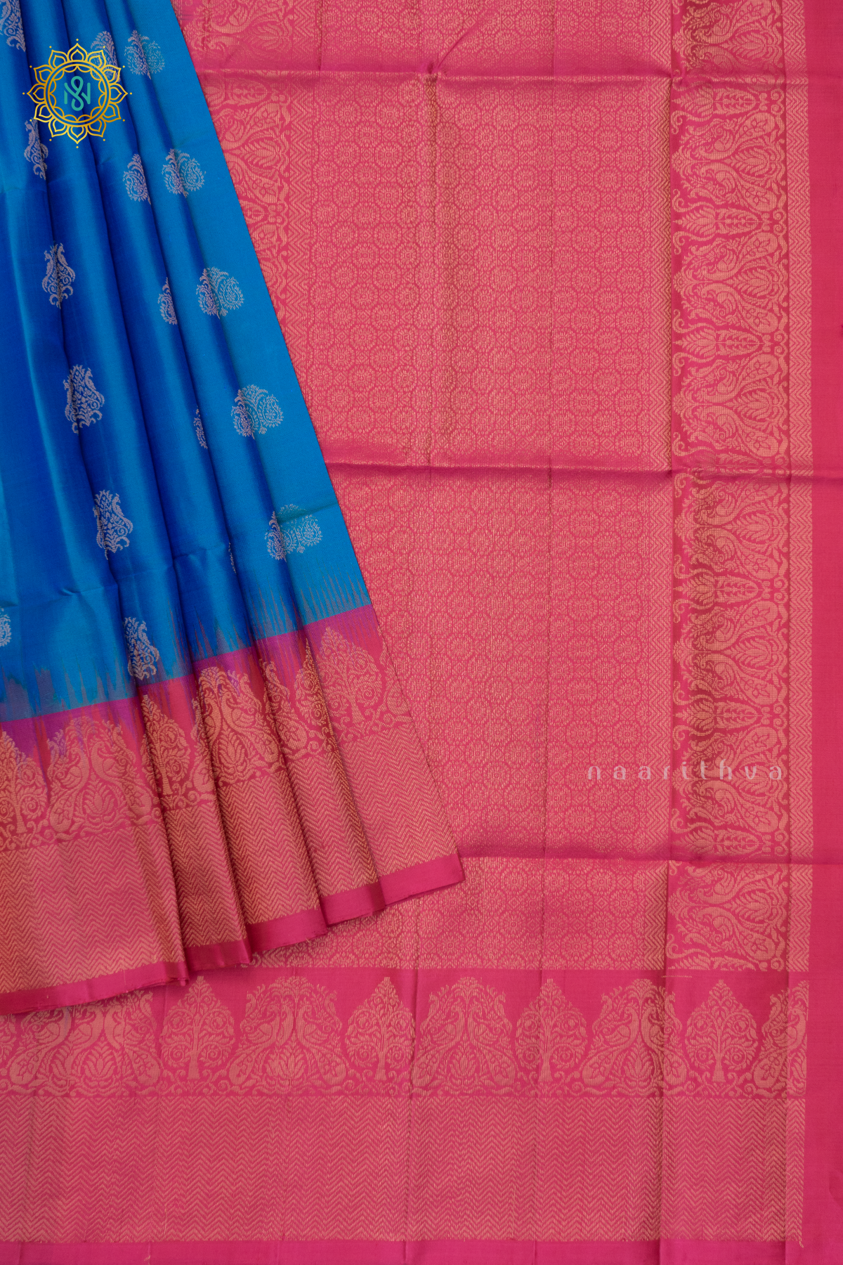 PEACOCK BLUE WITH PINK - PURE KANJIVARAM SOFT SILK