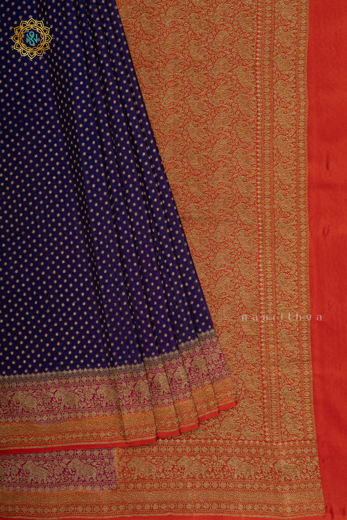 BLUE WITH PINK & ORANGE - PURE BANARASI CREPE SILK