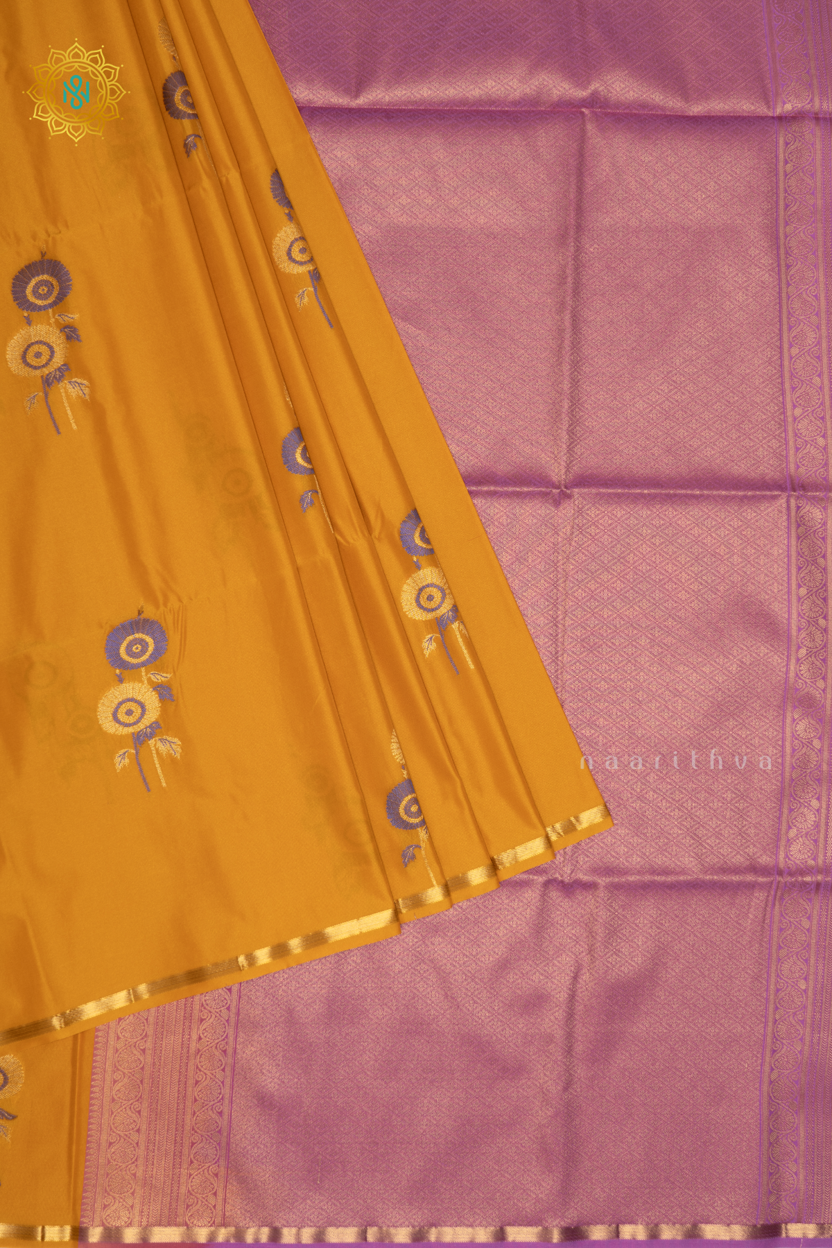 YELLOW WITH LAVENDER - SEMI SOFT SILK SAREE ALLOVER ZARI BUTTAS AND CONTRAST GAP BORDER