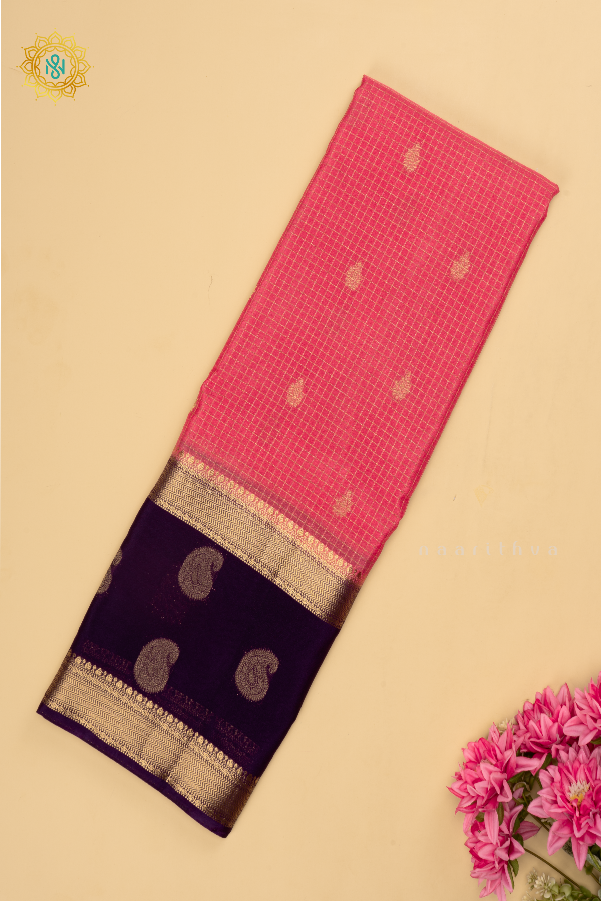 Light Pink with Purple Semi Mysore Crepe Silk Saree with All-Over Zari Checks and Buttas and a Contrast Zari Gap Border