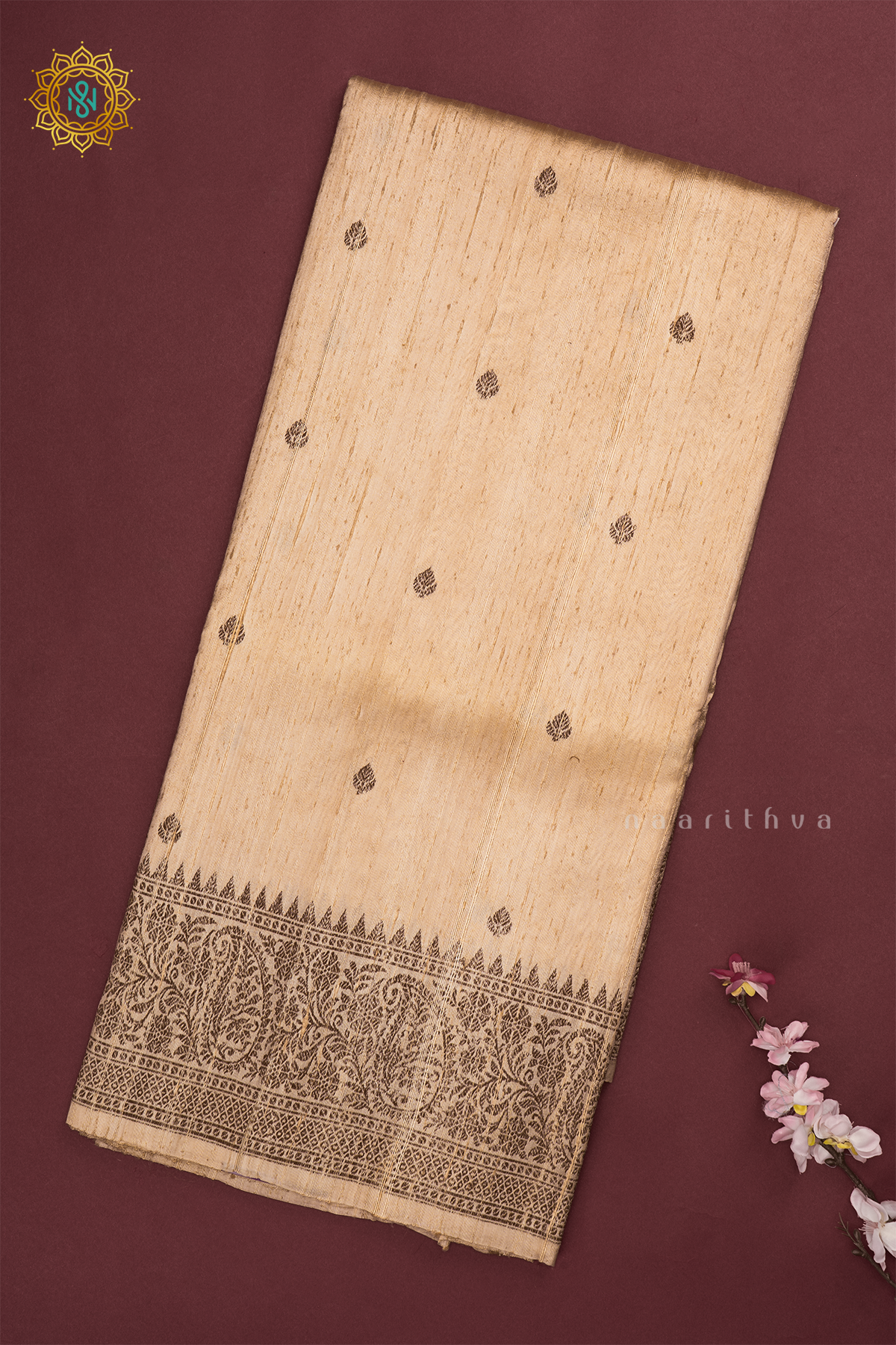 Off White with Red Pure Banarasi Raw Silk Saree With Allover Zari Buttas And Zari Border