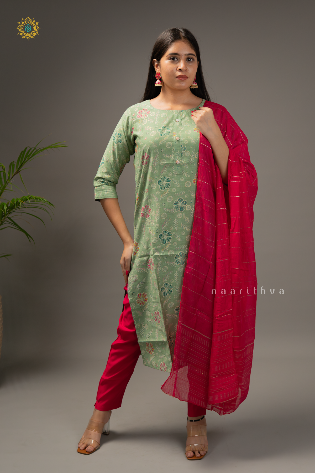 SAGE GREEN WITH PINK - COTTON 3PC SALWAR SUIT WITH TOP, BOTTOM & DUPATTA