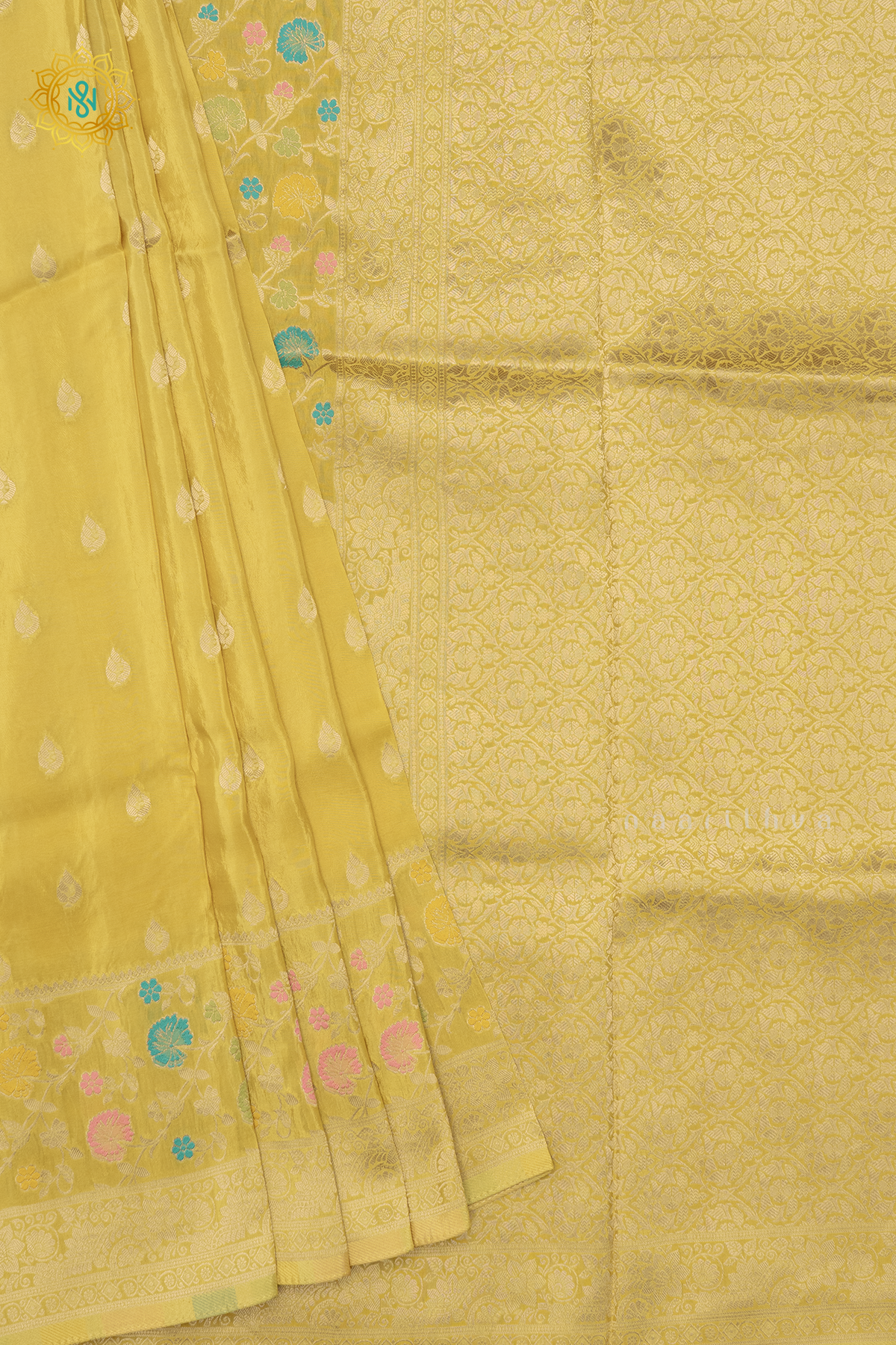 YELLOW WITH OLIVE GREEN - SATIN CREPE