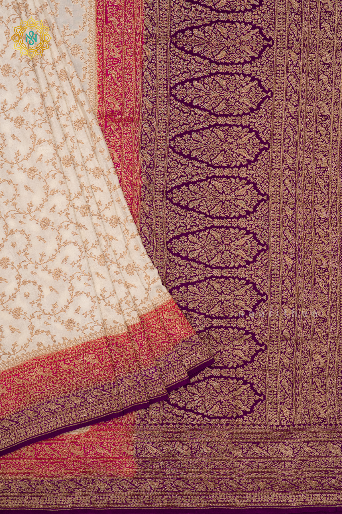 WHITE WITH RED & WINE - PURE BANARASI CREPE SILK