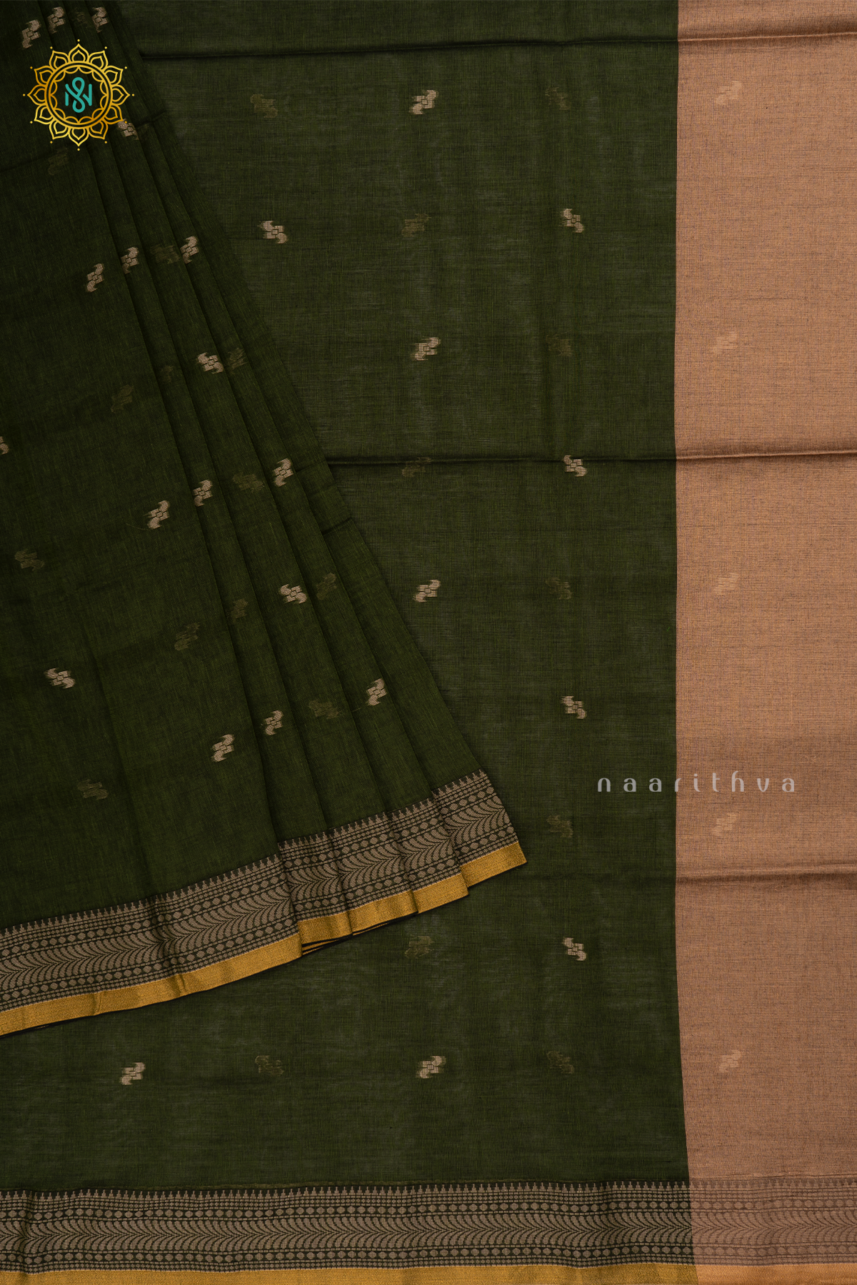 Dark Green Mul Cotton Saree Thread Woven Buttas On The Body With Thread and Zari Woven Border