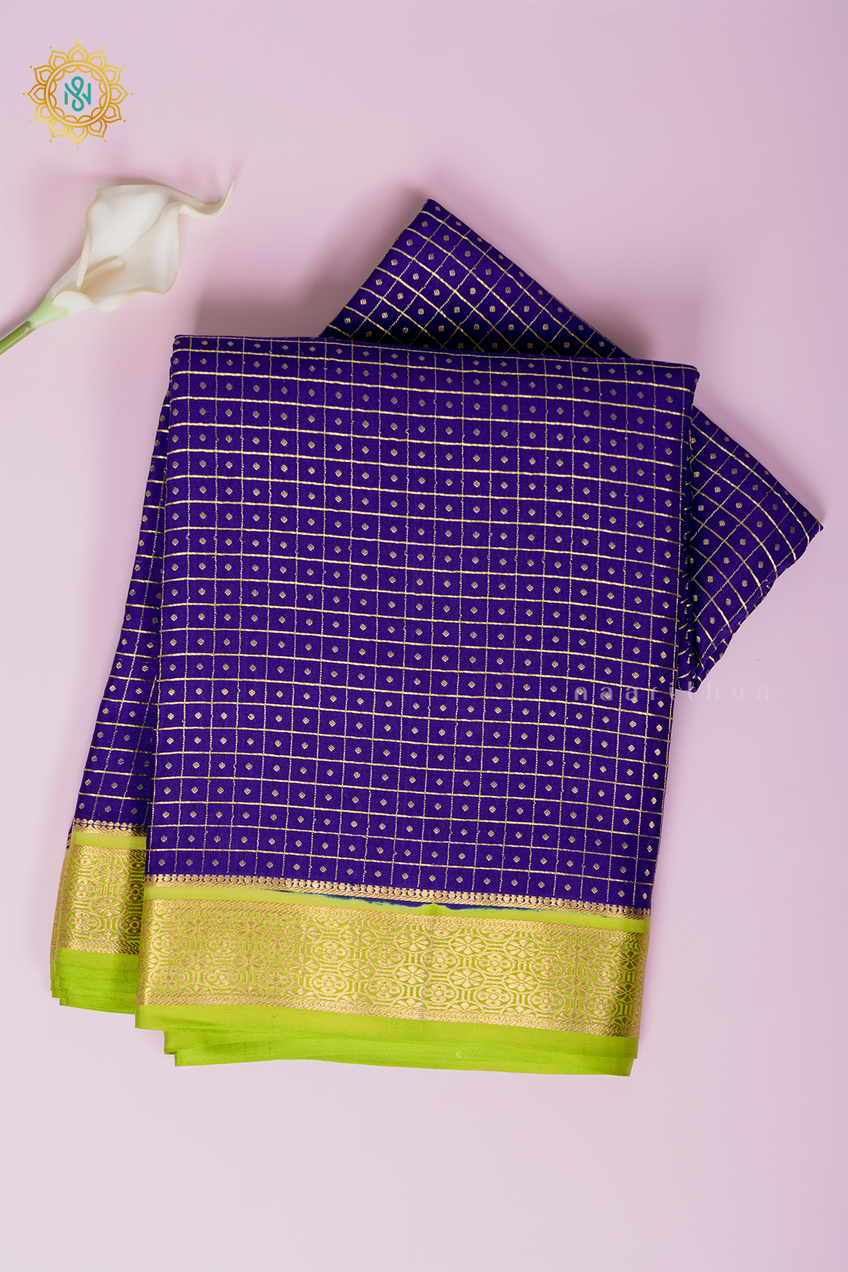 ROYAL BLUE WITH PARROT GREEN - PURE MYSORE CREPE SILK