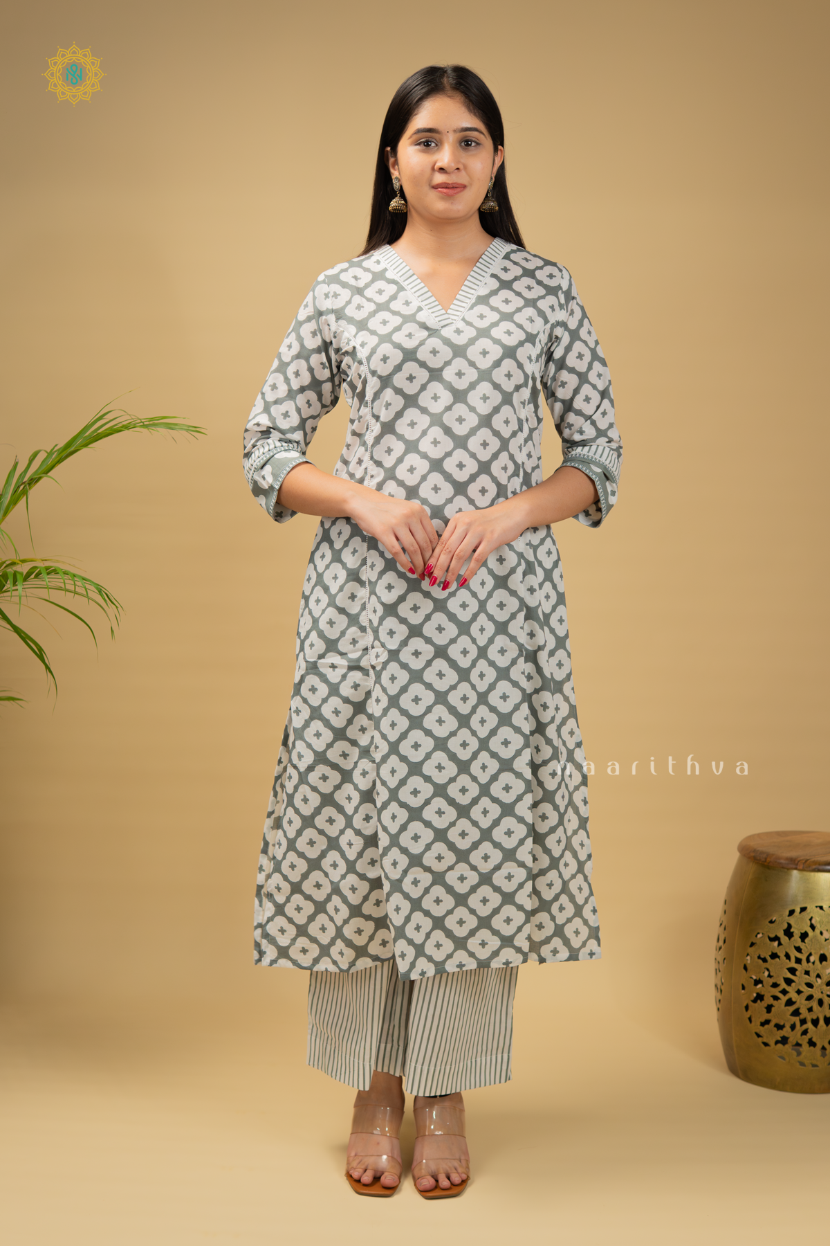 WHITE WITH GREYISH GREEN - COTTON 2PC SALWAR SUIT WITH PRINTED TOP & BOTTOM