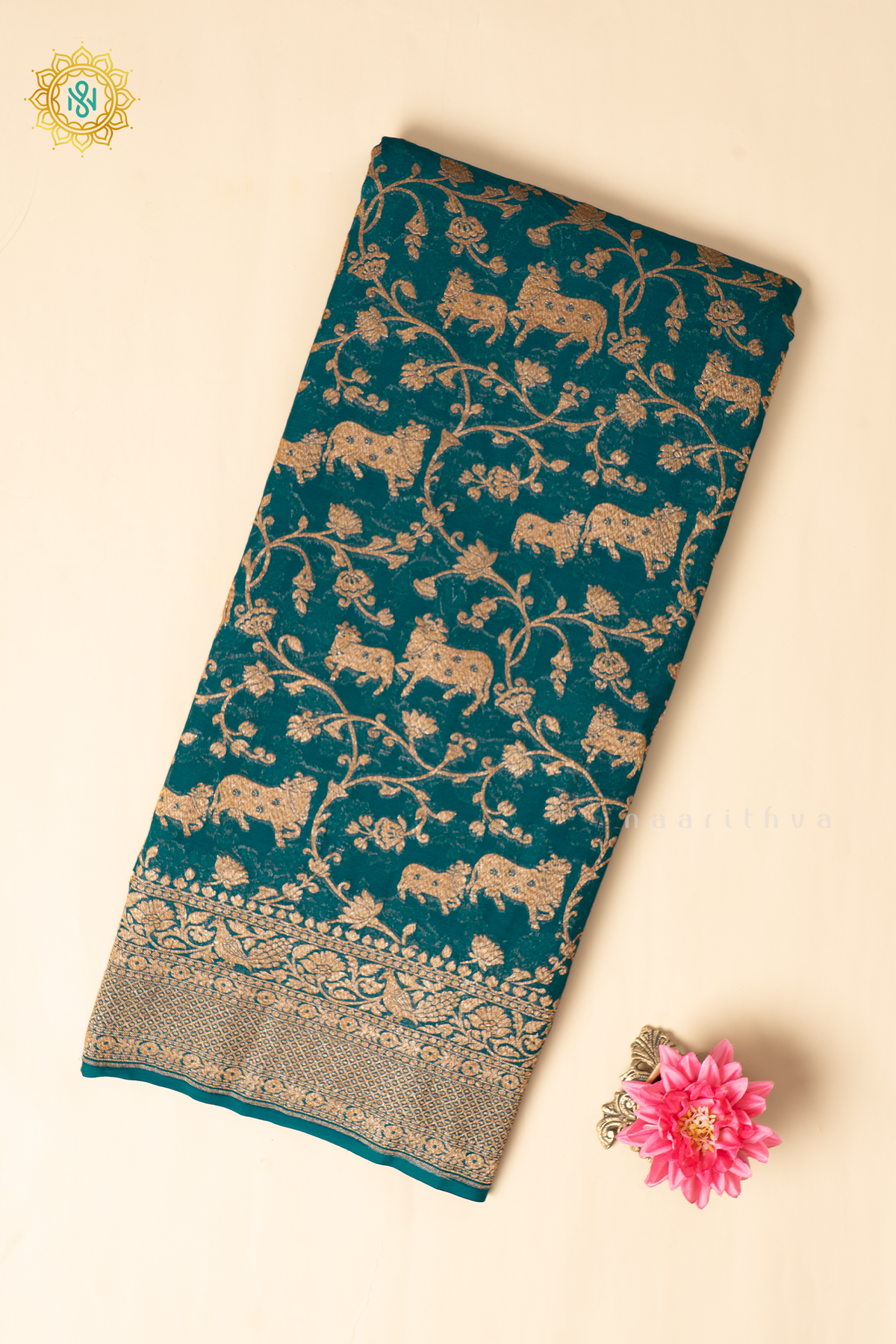 Cyan Blue Pure Banarasi Khaddi Georgette Allover Antique Zari Brocade Weaves On The Body With Contrast Zari Border & Pallu