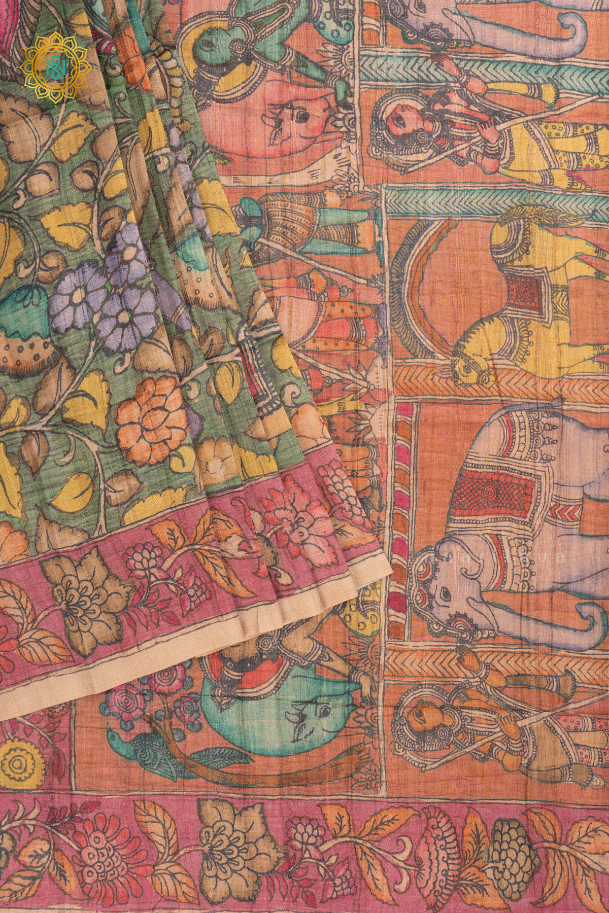 Light Green With Light Brown - Semi Gicha Tussar Saree Allover Kalamkari Printed Body With Pallu And Blouse