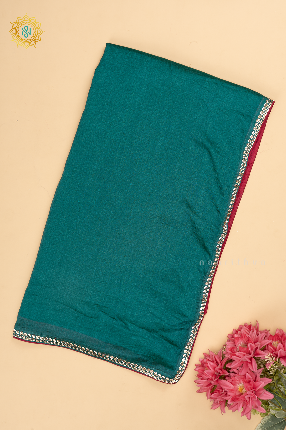 Peacock Green with Rani Pink- Party Wear Tussar Georgette Saree Allover Plain Body with Stone Work Border, with Contrast Blouse