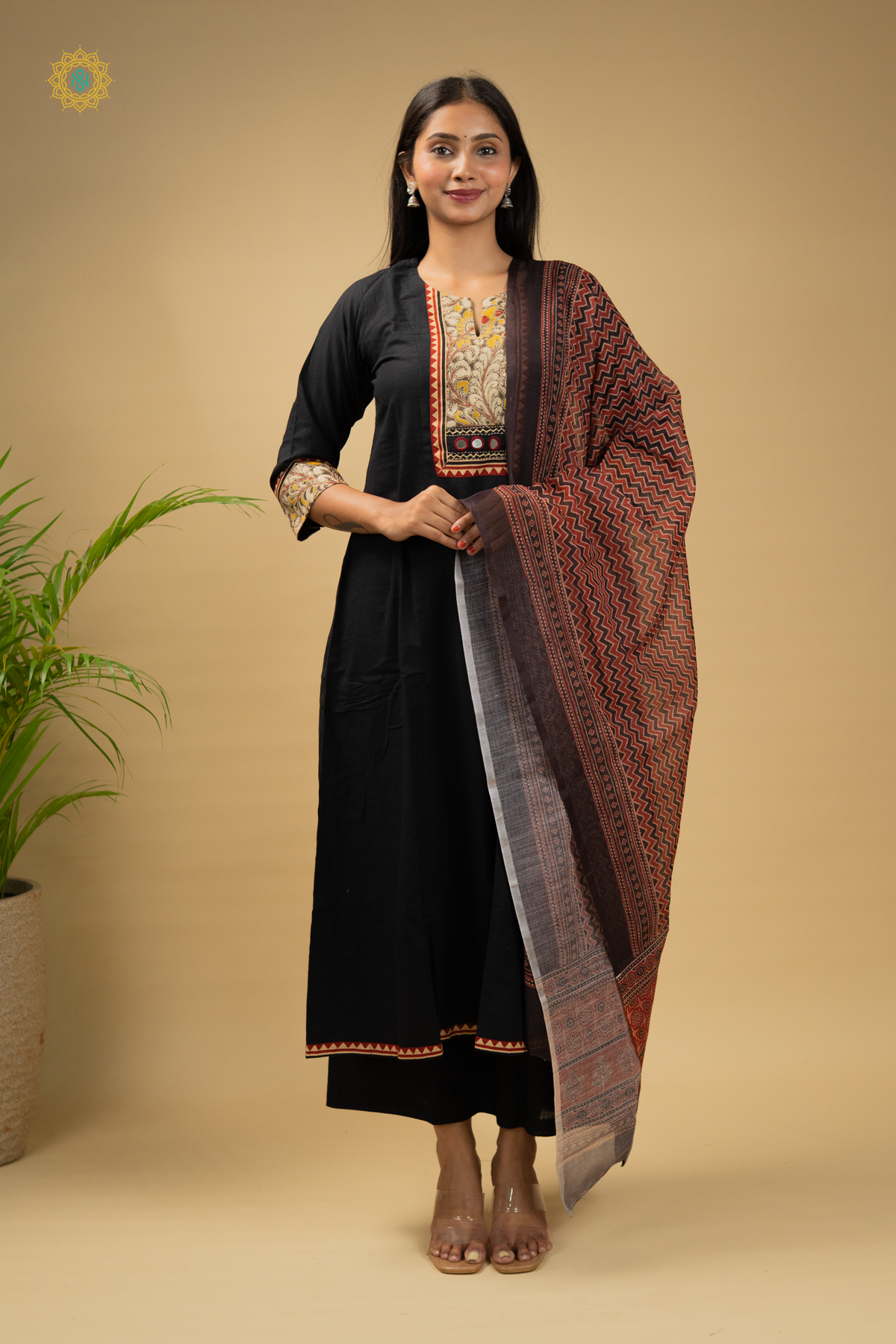 BLACK WITH MAROON - COTTON 3PC SALWAR SUIT WITH TOP, BOTTOM & DUPATTA