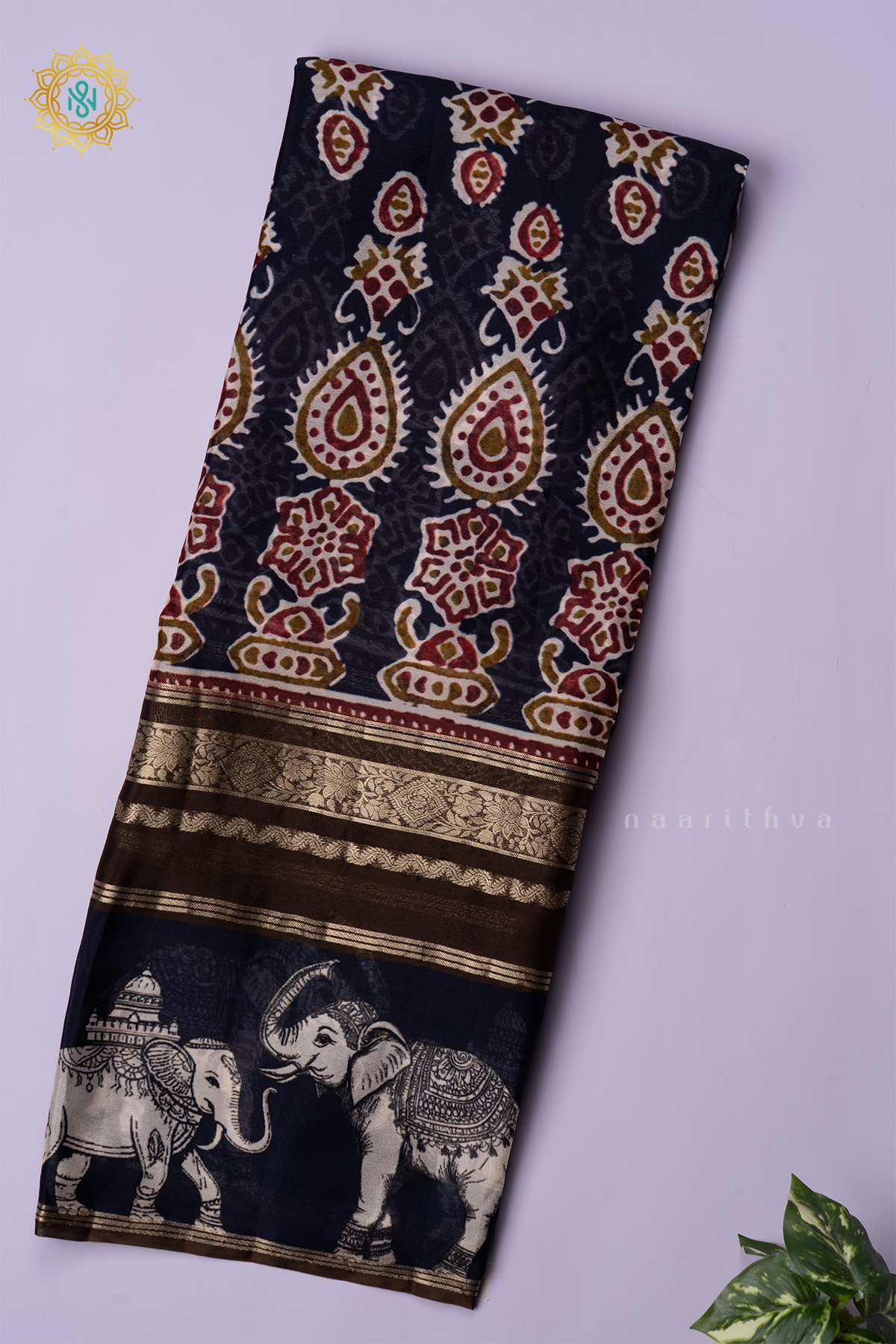 NAVY BLUE WITH BROWN - SEMI ORGANZA CREPE