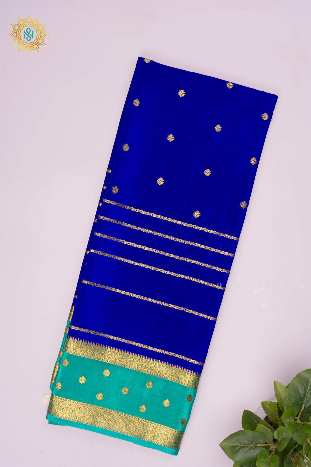 ROYAL BLUE WITH AQUA BLUE - PURE MYSORE CREPE SILK