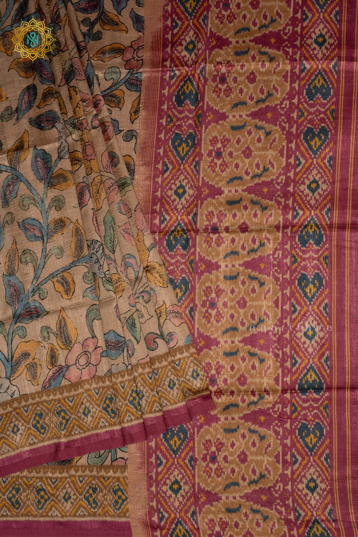 Beige With Rouge Pink - Semi Gicha Tussar Saree Allover Kalamkari Printed Body With Pallu And Blouse