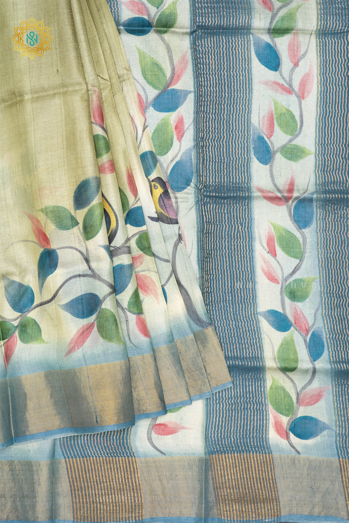 SAGE GREEN WITH AQUA BLUE - PURE TUSSAR SILK