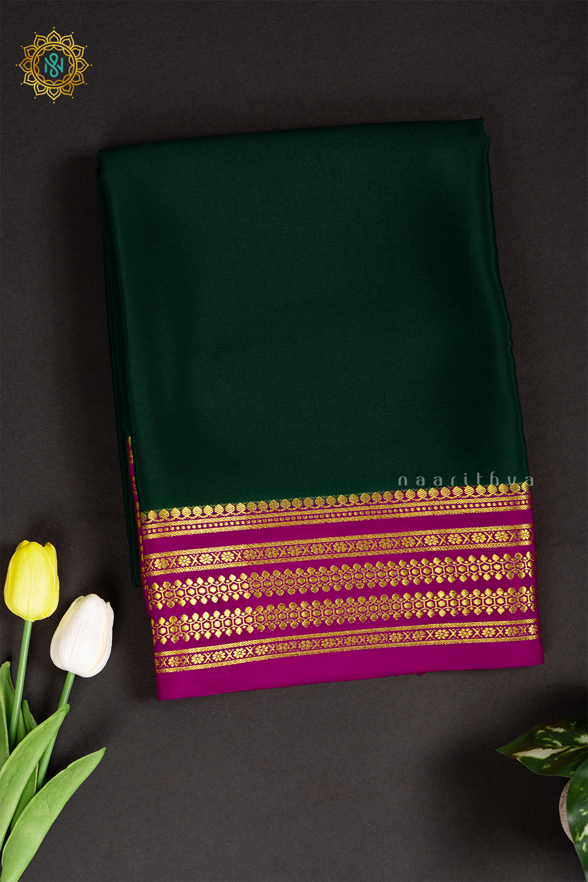 BOTTLE GREEN WITH PINK - PURE MYSORE CREPE SILK
