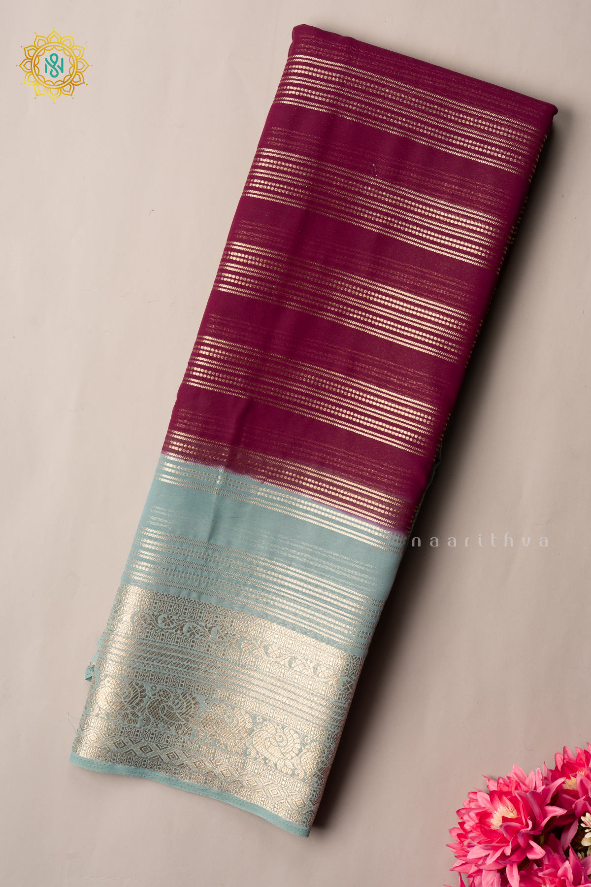 MAROON WITH AQUA BLUE - SEMI CREPE GEORGETTE
