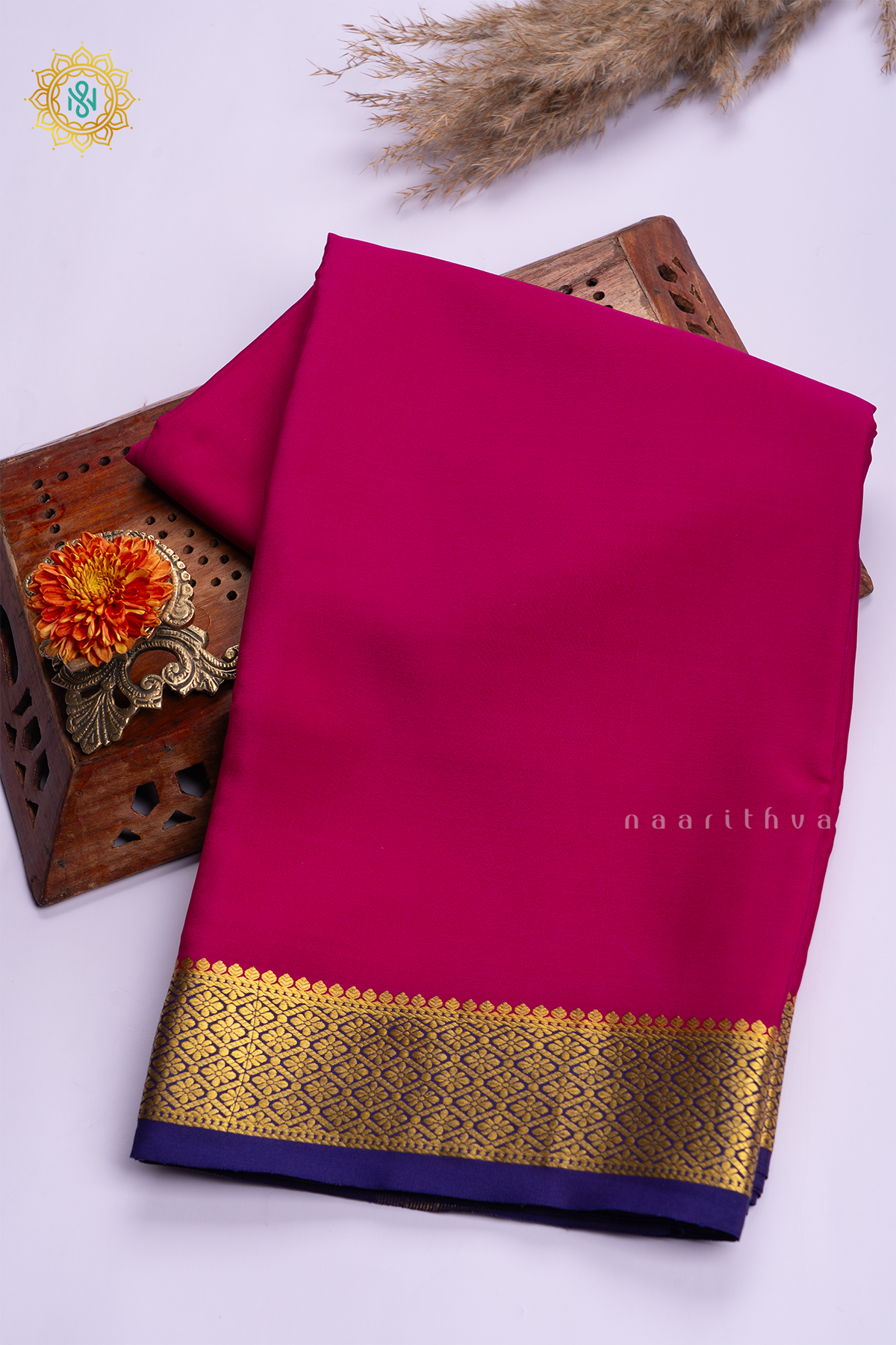 PINK WITH BLUE - PURE MYSORE CREPE SILK