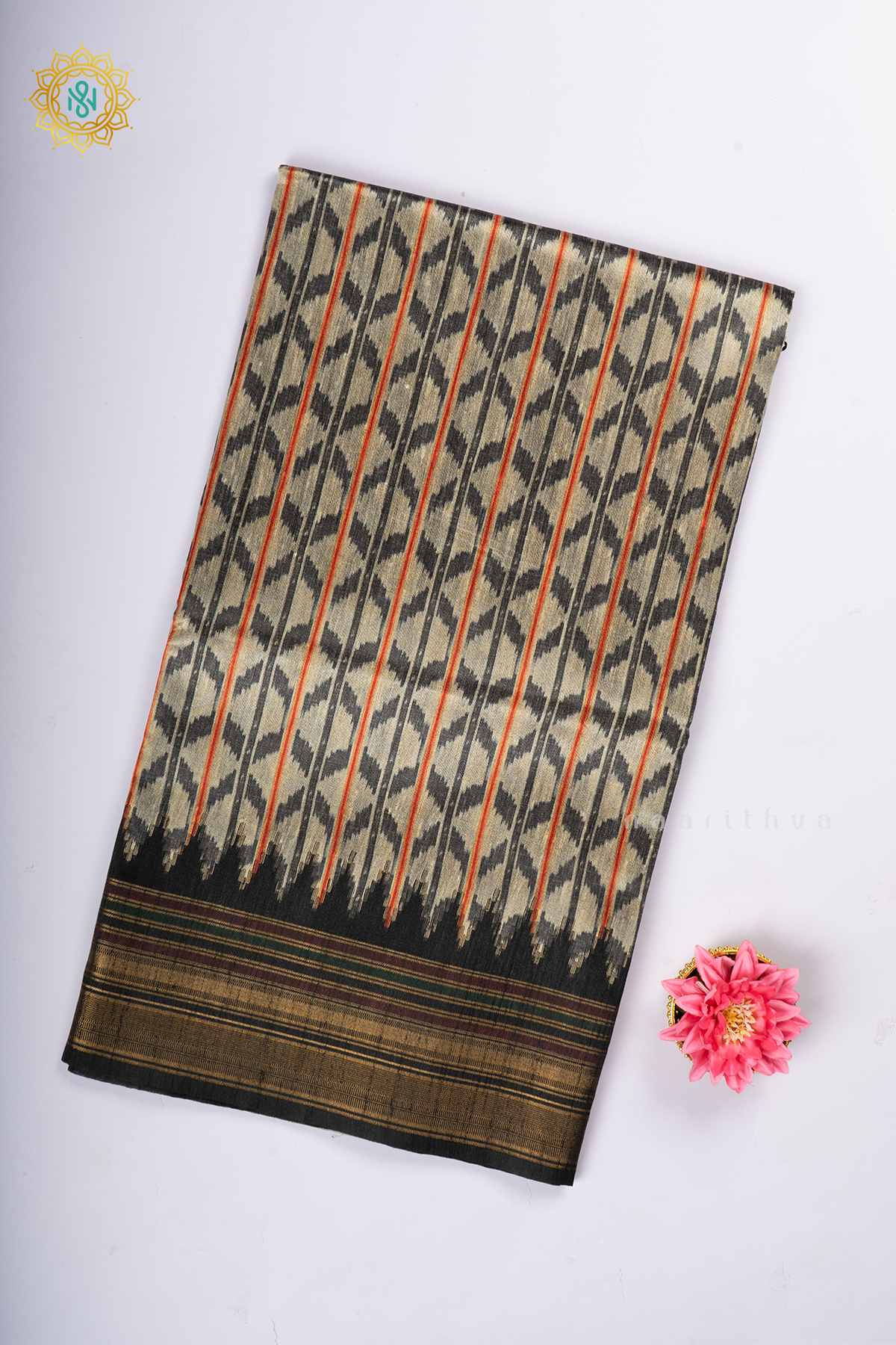 Black Semi Tussar Silk With Printed Body With Zari Border & Pallu