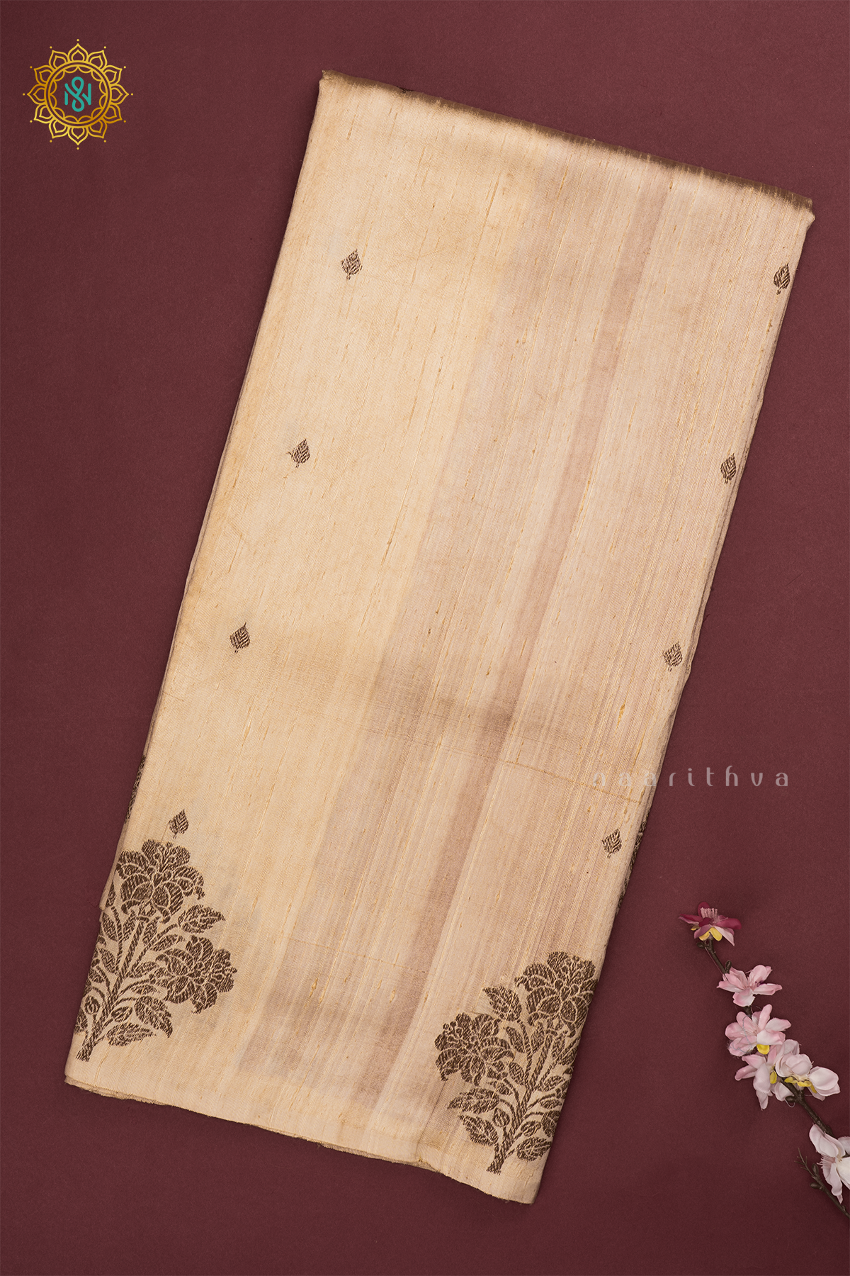 Off White with Red Pure Banarasi Raw Silk Saree With Allover Zari Buttas And Floral Zari Border