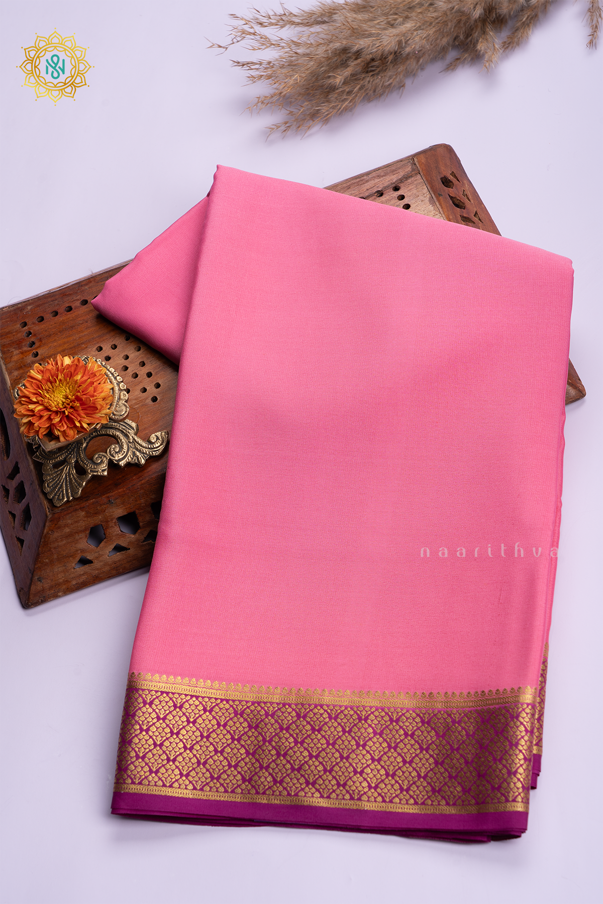 PEACHISH PINK WITH MAGENTA - PURE MYSORE CREPE SILK
