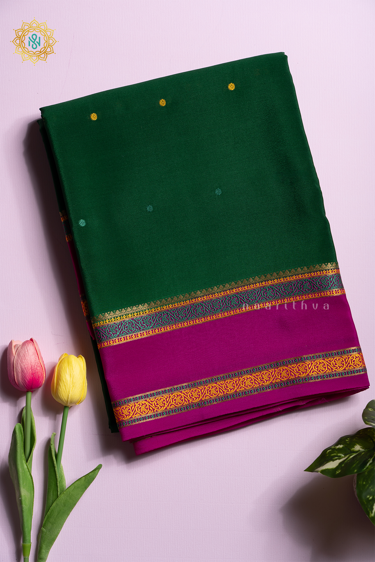 BOTTLE GREEN WITH PINK - PURE MYSORE CREPE SILK