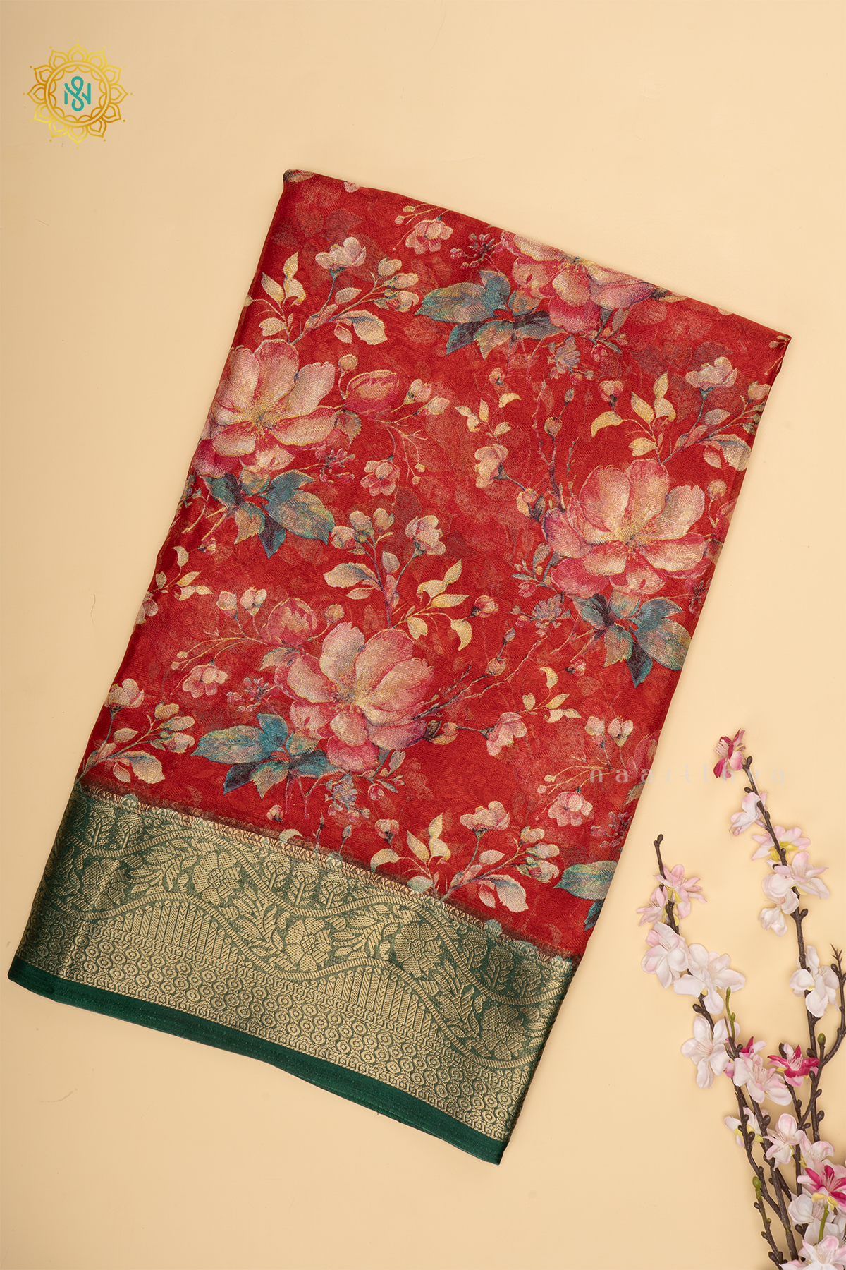 RED WITH BOTTLE GREEN - SEMI GEORGETTE FLORAL PRINTED BODY WITH CONTRAST ZARI BORDER