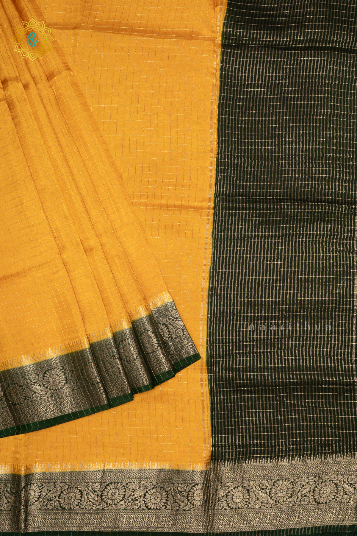 Yellow With Green - Semi Crepe Silk Saree