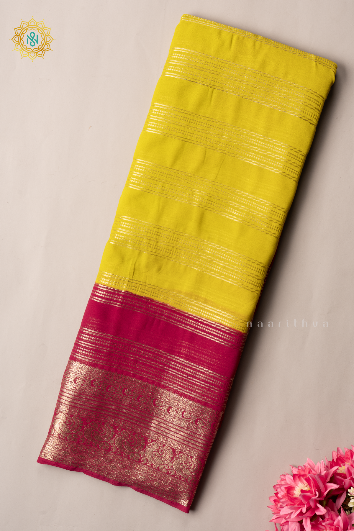 LEMON YELLOW WITH PINK - SEMI CREPE GEORGETTE
