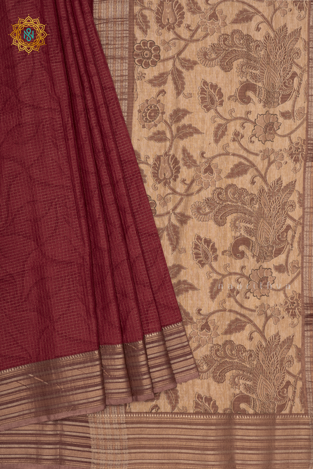 MAROON WITH BEIGE - SEMI CREPE SILK