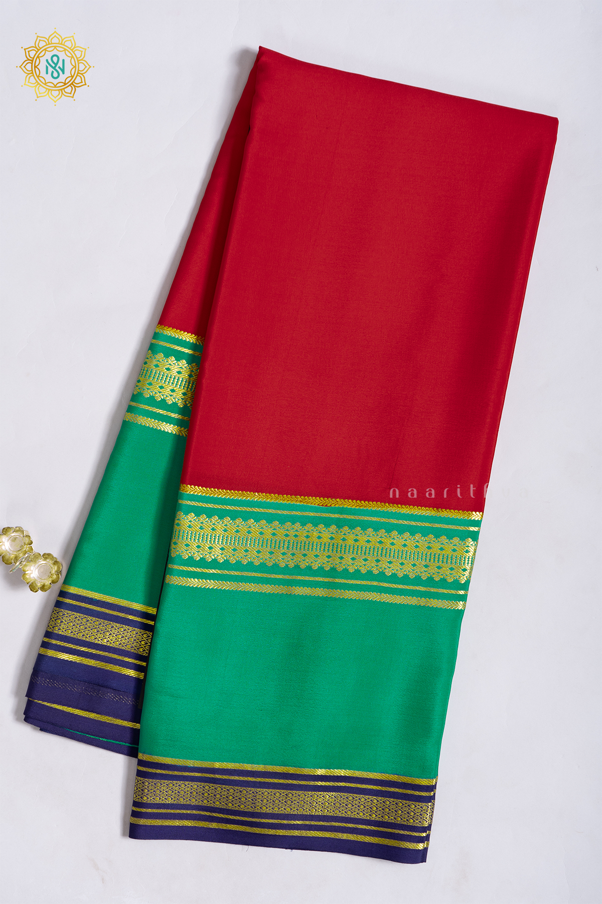RED WITH GREEN & NAVY BLUE - PURE MYSORE CREPE SILK