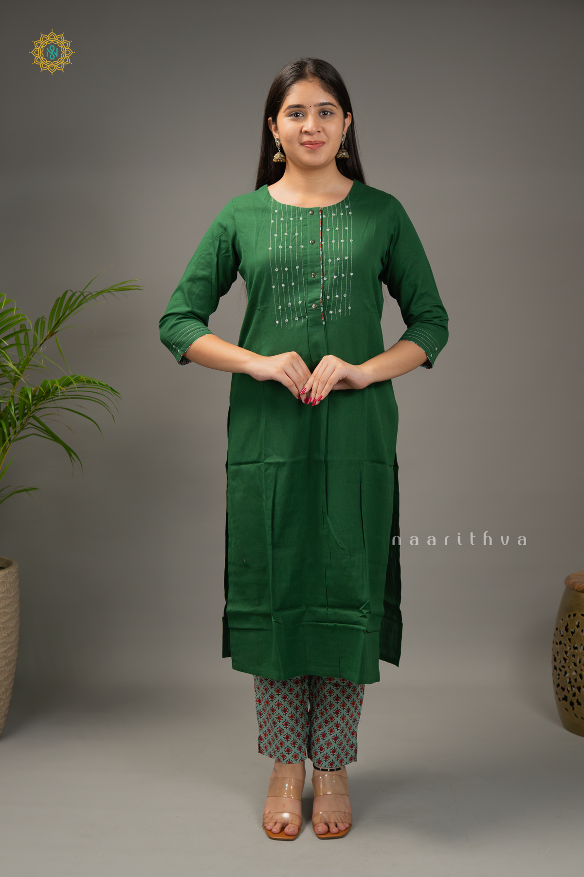 GREEN - COTTON 2PC SALWAR SUIT WITH TOP & PRINTED BOTTOM