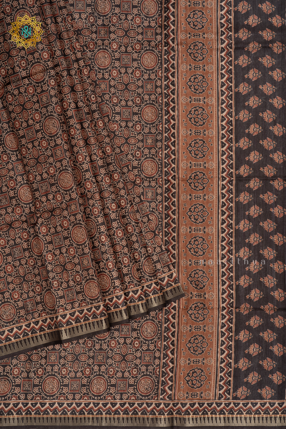 Elephant Grey - Semi Gicha Tussar Saree Allover Ajrakh Printed Body With Pallu And Blouse
