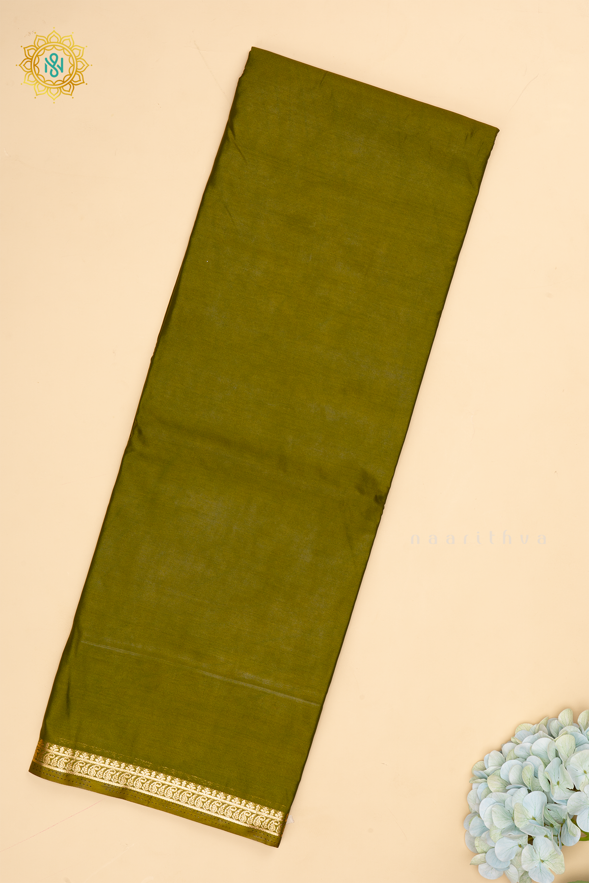 Parrot Green Semi Mysore Crepe Silk with Plain Body and Zari Border