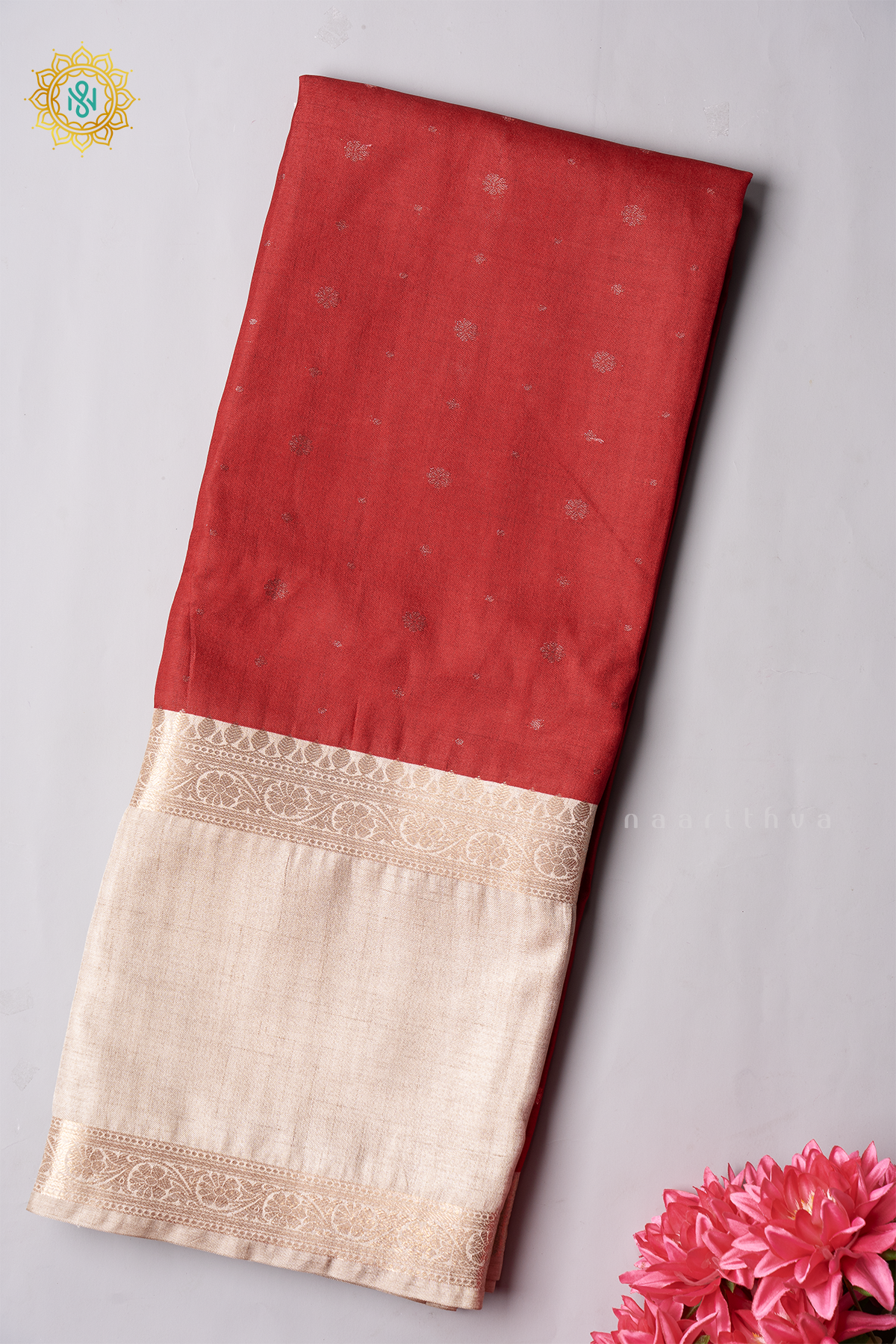RED WITH BEIGE- SEMI TUSSAR SILK
