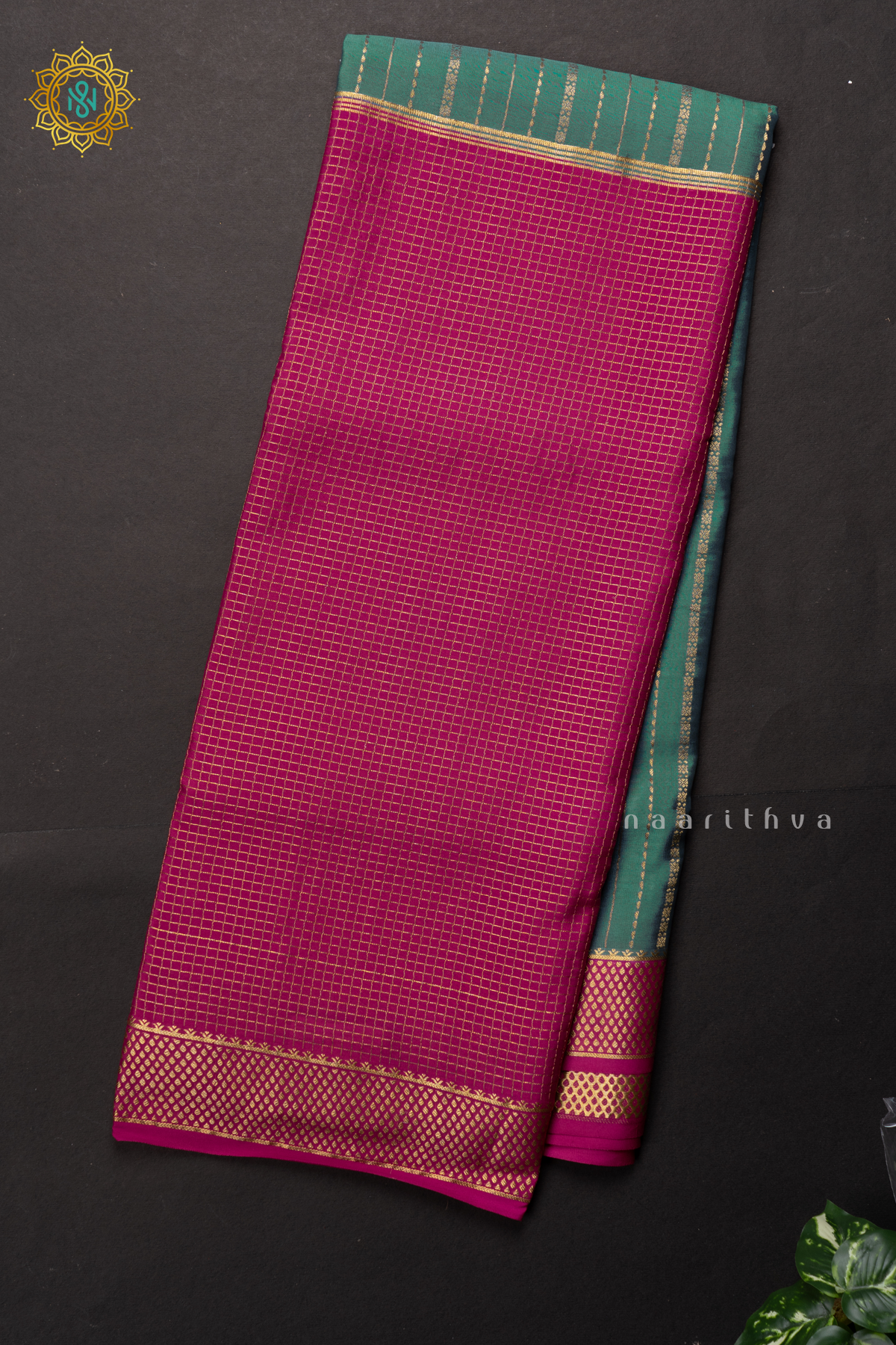 AQUA BLUE WITH PINK - PURE MYSORE CREPE SILK