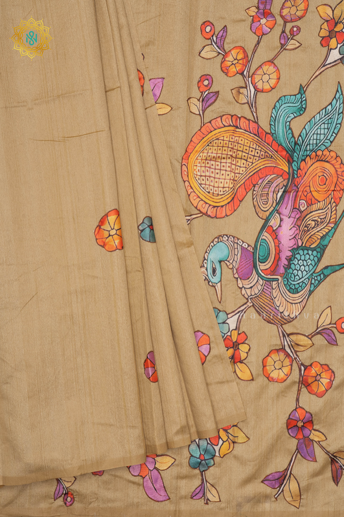 BEIGE WITH OFF WHITE - SEMI TUSSAR WITH APPLIQUE WORK