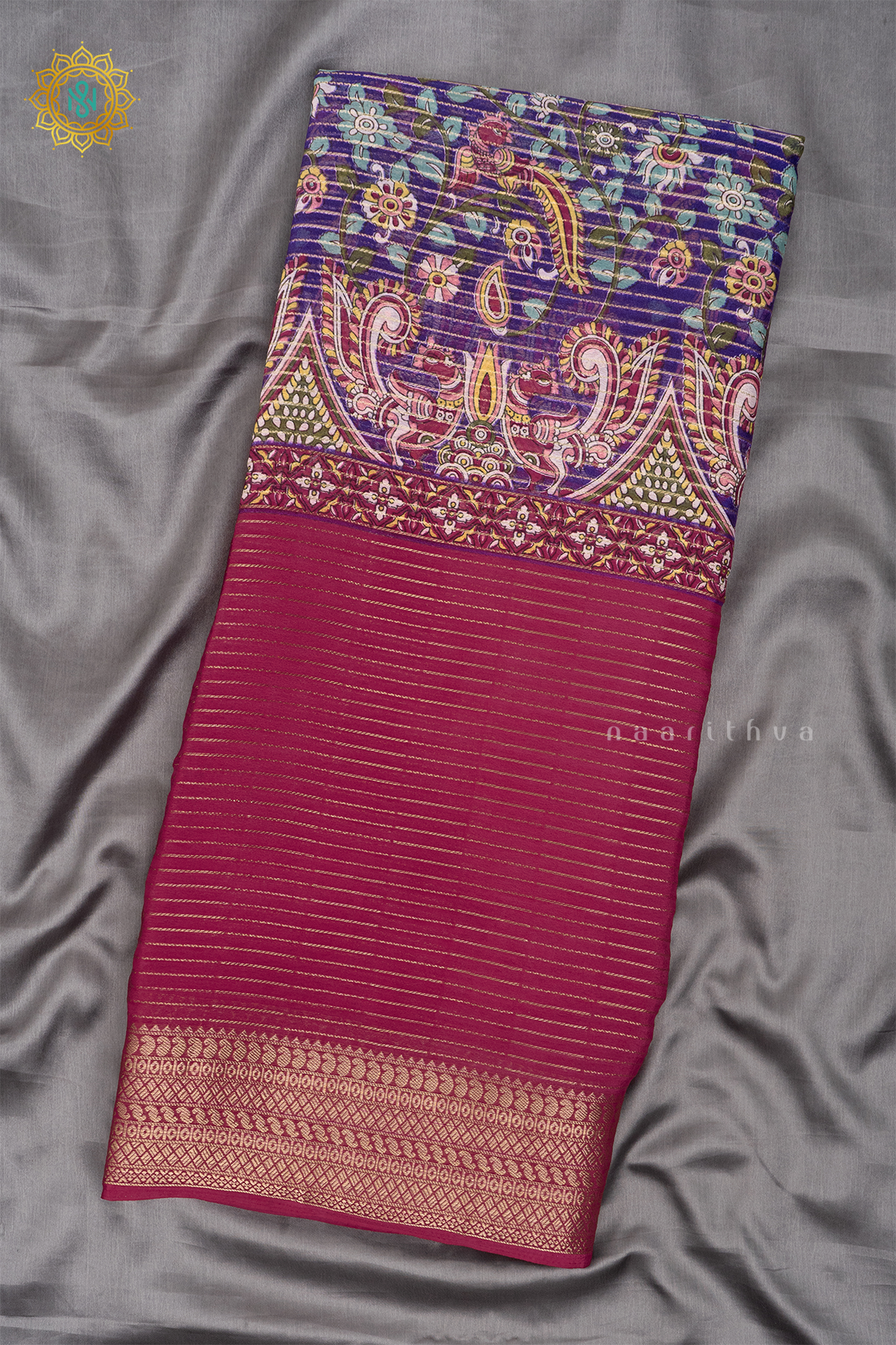 Pink With Purple Semi Georgette Saree With Printed Body And Contrast Zari Border