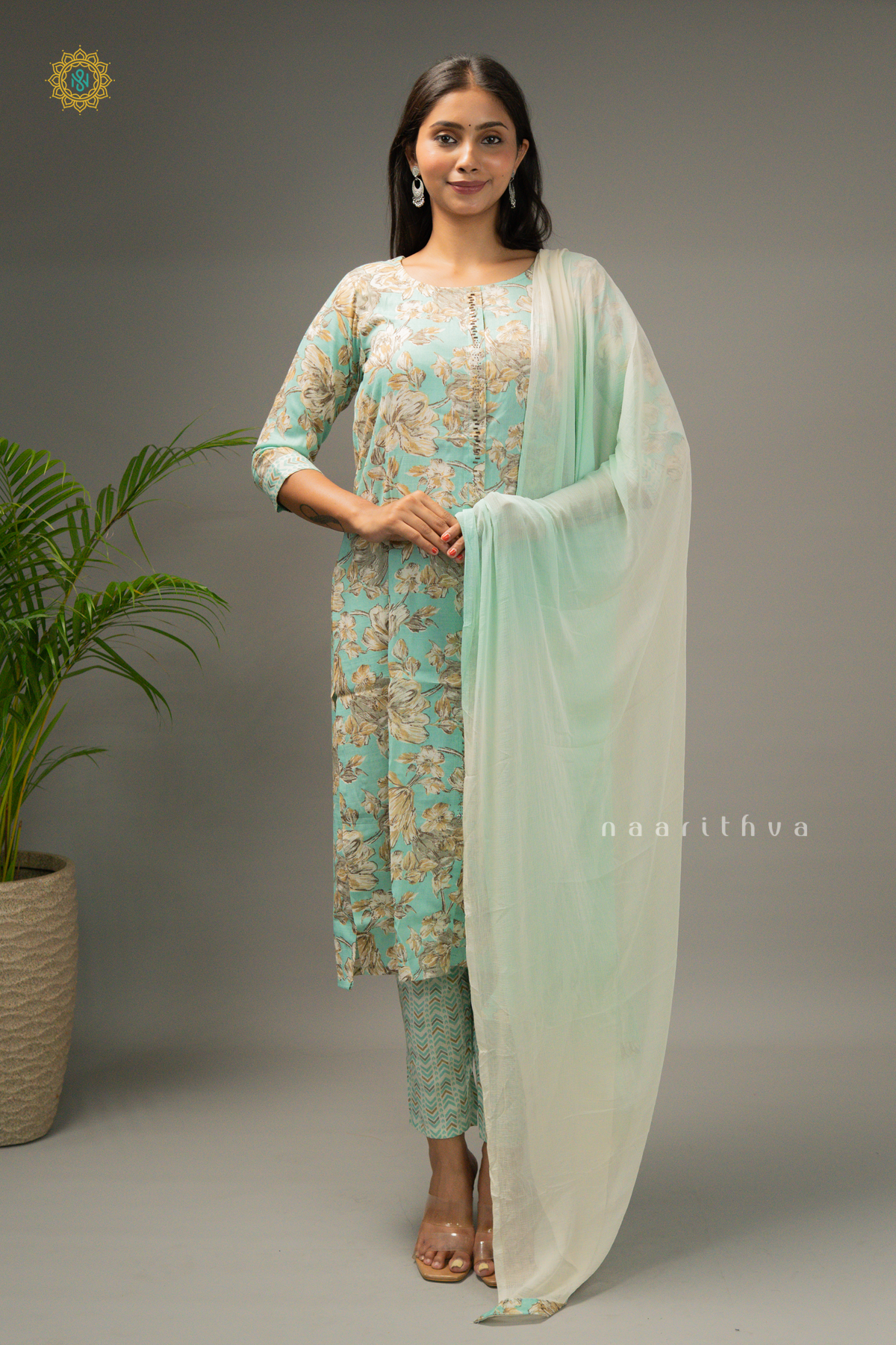 AQUA GREEN - 3PC SALWAR SUIT WITH PRINTED TOP, DUPATTA & BOTTOM